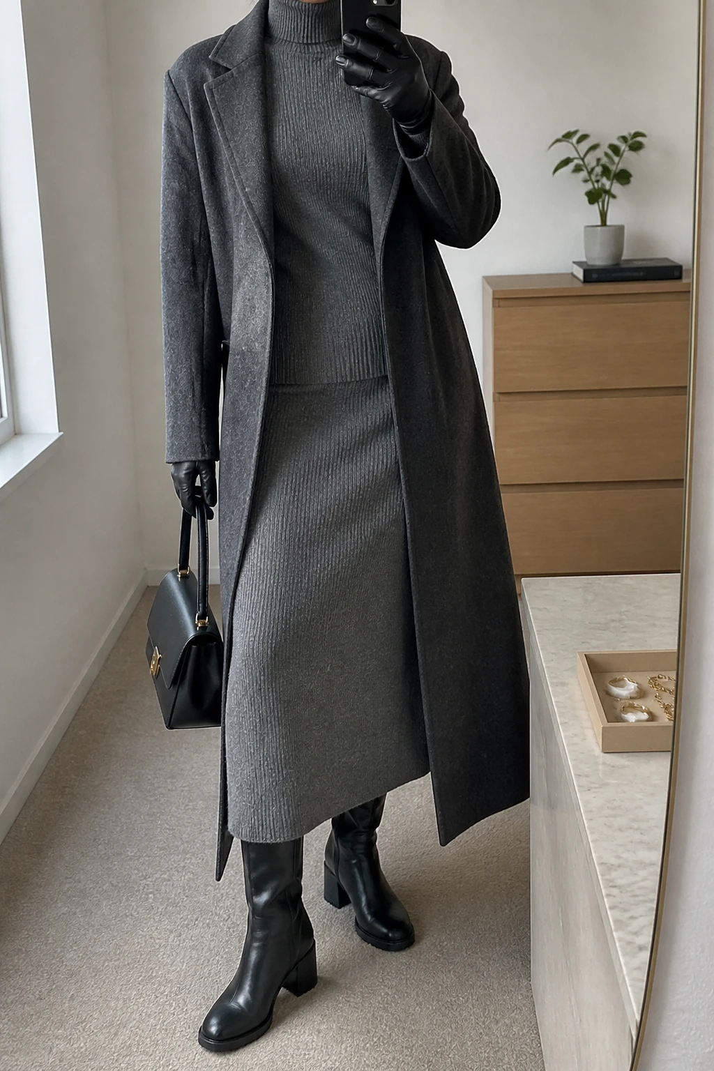 Image Prompt: Mirror selfie of a woman wearing a long charcoal grey tailored wool coat open over a matching heather grey ribbed knit turtleneck and straight-cut knit midi skirt, black leather knee-high block-heel boots with rubber soles, a small structured black leather handbag, and black leather gloves, holding a phone in front of a mirror, cropped at the NECK so the face does not show, with a relaxed casual selfie pose, in a minimal dressing room, soft natural window light, a jewelry tray on the vanity and a small plant on a dresser, realistic knit texture and wool fabric, latest iPhone photo quality, no additional clothing or accessories.