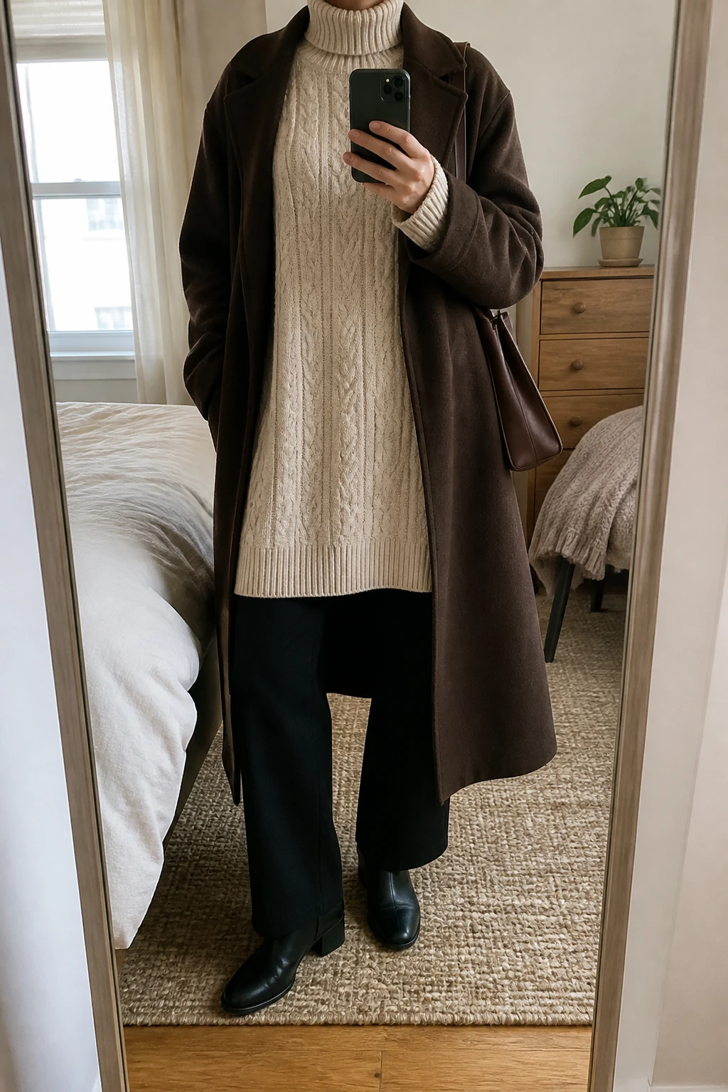 Image Prompt: Mirror selfie of a woman wearing a beige oversized longline cable-knit turtleneck tunic extending to mid-thigh over black relaxed straight-leg thick ponte trousers, black leather flat ankle boots, a long chocolate brown wool-blend coat worn open, and a medium dark brown leather shoulder tote, holding a phone in front of a mirror, cropped at the NECK so the face does not show, with a relaxed casual selfie pose, in a cozy bedroom mirror setup, soft natural window light, a folded blanket on a chair and a small plant on a dresser, realistic beige cable-knit texture, natural black ponte fabric and comfortable layered winter styling, latest iPhone photo quality, no additional clothing or accessories.
