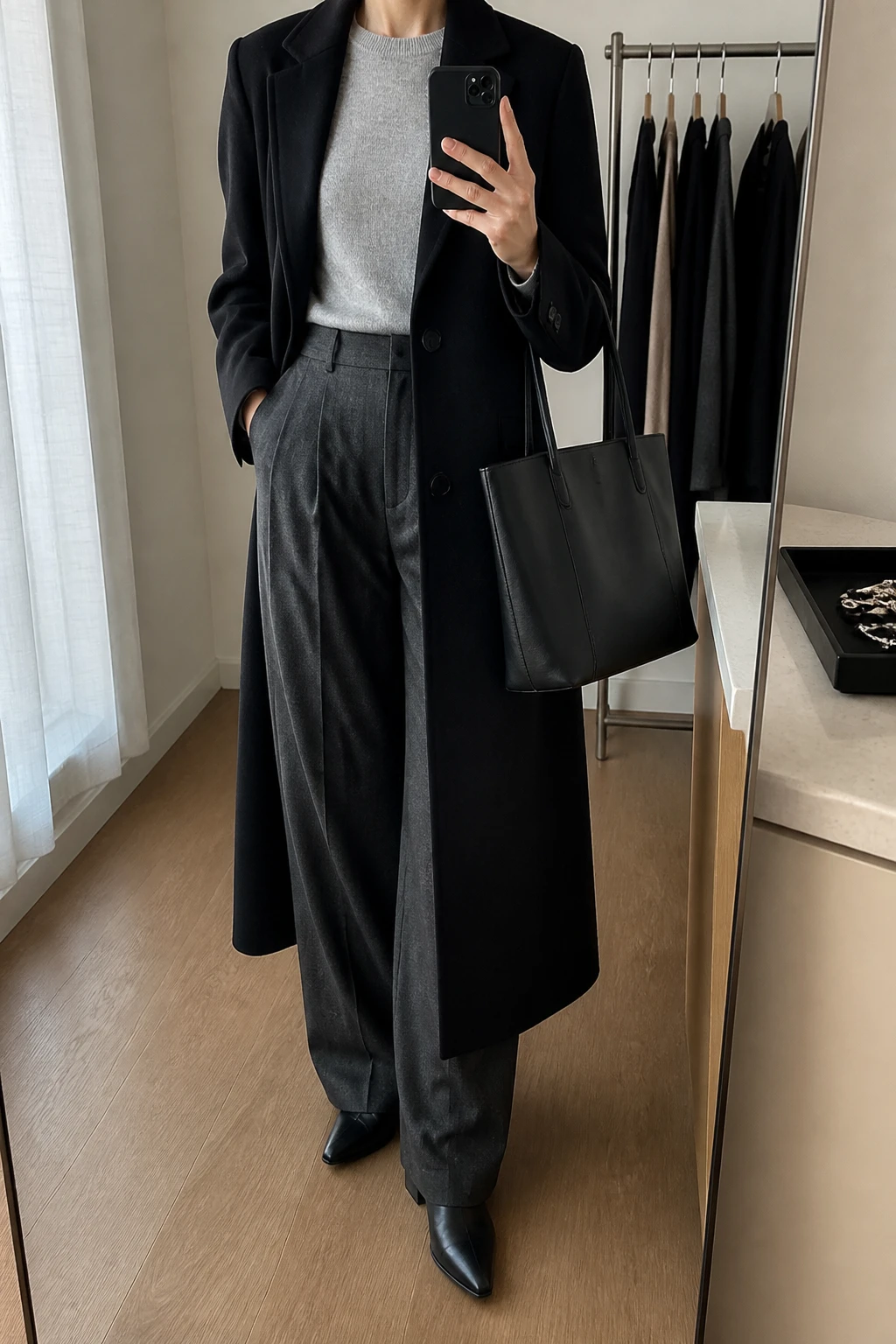 Image Prompt: Mirror selfie of a woman wearing a long black single-breasted tailored wool maxi coat over a heather grey fitted cashmere crewneck sweater, charcoal grey high-waisted wide-leg wool trousers, black leather pointed-toe low block-heel ankle boots, and a structured black leather tote bag, holding a phone in front of a mirror, cropped at the NECK so the face does not show, with a relaxed casual selfie pose, in a minimal dressing room, soft natural window light, a clothing rack with garments behind and a jewelry tray on the vanity, realistic wool coat drape and natural tailored trouser folds, latest iPhone photo quality, no additional clothing or accessories.