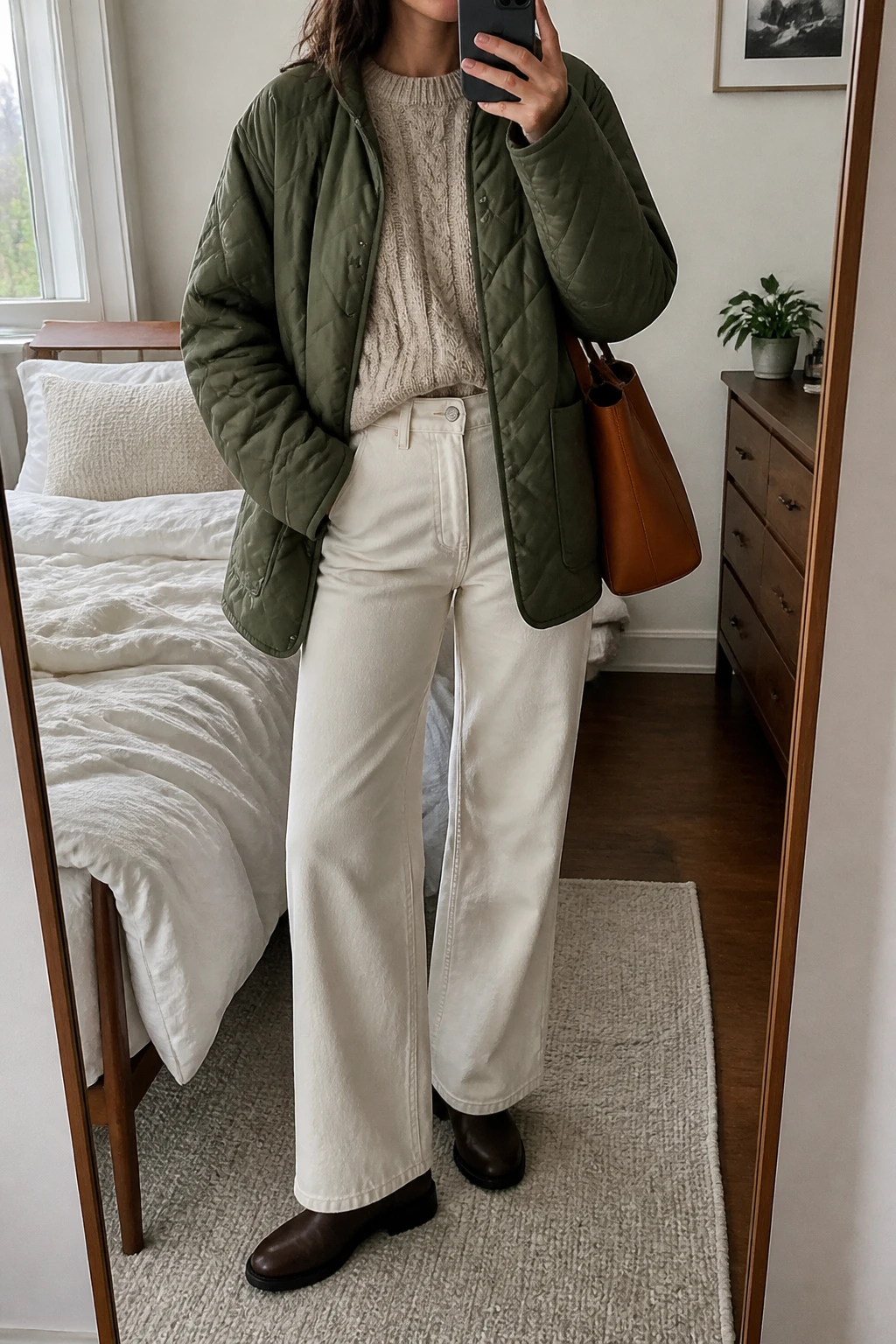 Image Prompt: Mirror selfie of a woman wearing an olive green oversized insulated quilted hip-length jacket over an oatmeal chunky cable-knit crewneck sweater, winter-white high-waisted wide-leg denim jeans, chocolate brown leather flat Chelsea boots with rubber soles, and a medium tan leather shoulder bag, holding a phone in front of a mirror, cropped at the NECK so the face does not show, with a relaxed casual selfie pose, in a cozy bedroom mirror setup, soft natural window light, soft pillows on an unmade bed and a small plant on a dresser, realistic olive quilted fabric, natural oatmeal cable-knit stitches and cream denim folds, latest iPhone photo quality, no additional clothing or accessories.