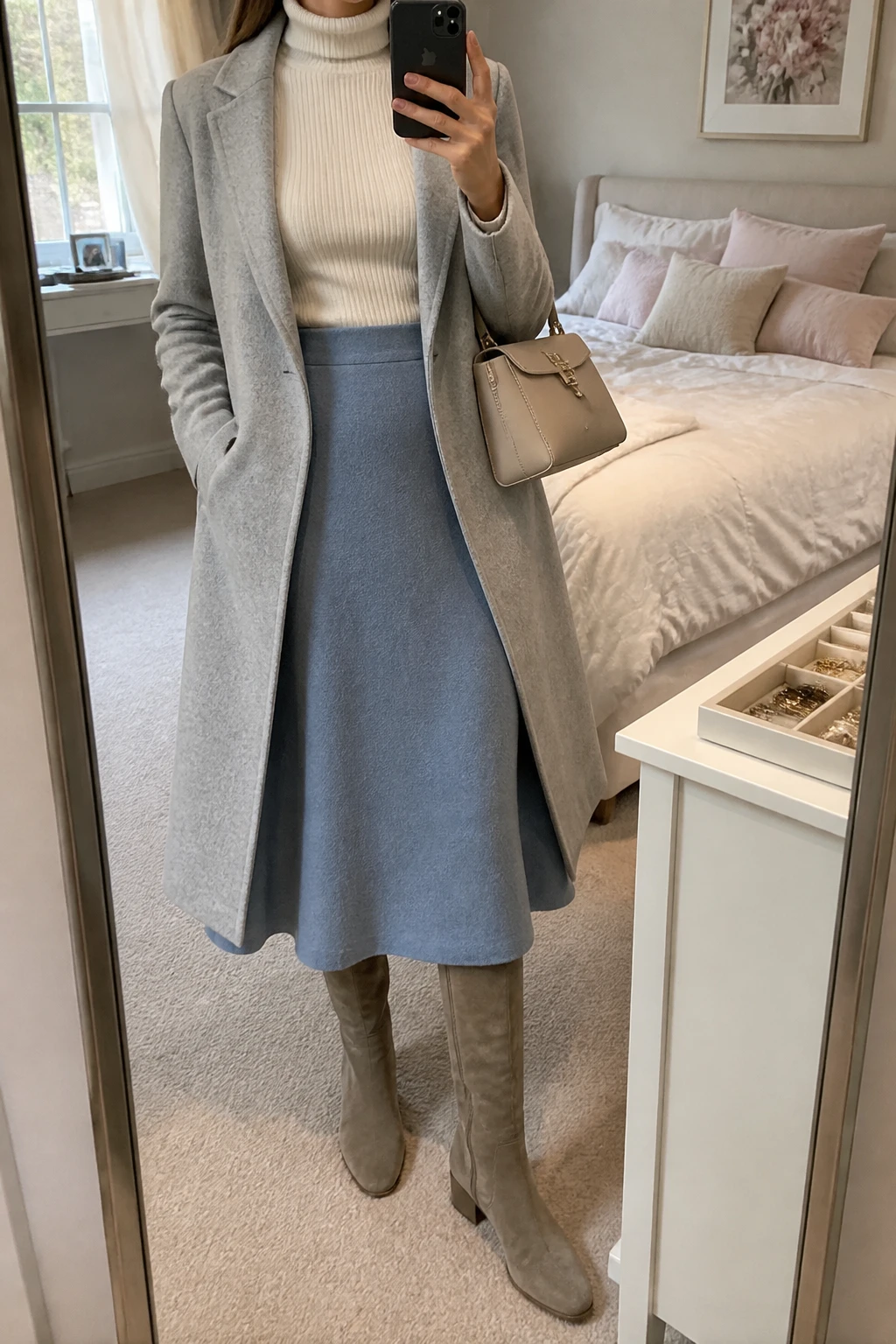 Image Prompt: Mirror selfie of a woman wearing an ivory fitted ribbed turtleneck sweater tucked into a dusty blue wool-blend A-line midi skirt, taupe suede knee-high low block-heel boots, a long light grey tailored wool coat worn open, and a small structured beige leather handbag, holding a phone in front of a mirror, cropped at the NECK so the face does not show, with a relaxed casual selfie pose, in a feminine-themed bedroom, soft natural window light, soft pillows on an unmade bed and a jewelry tray on the vanity, true-to-life dusty blue wool fabric, natural ivory knit folds, latest iPhone photo quality, no additional clothing or accessories.
