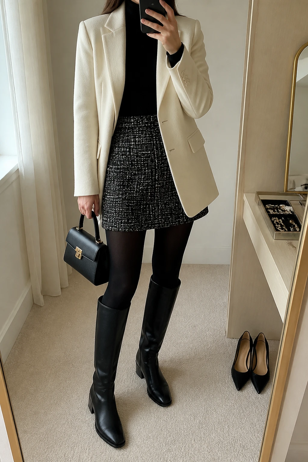 Image Prompt: Mirror selfie of a woman wearing a cream tailored wool-blend blazer over a black fitted cashmere turtleneck sweater, a black high-waisted tweed A-line mini skirt with subtle ivory threads, black opaque fleece-lined tights, black leather knee-high boots with low block heels, and a small structured black leather handbag, holding a phone in front of a mirror, cropped at the NECK so the face does not show, with a relaxed casual selfie pose, in a minimal dressing room, soft natural window light, a jewelry tray on the vanity and a pair of heels on the floor, realistic black tweed texture, natural cream wool blazer fabric, understated winter styling, latest iPhone photo quality, no additional clothing or accessories.