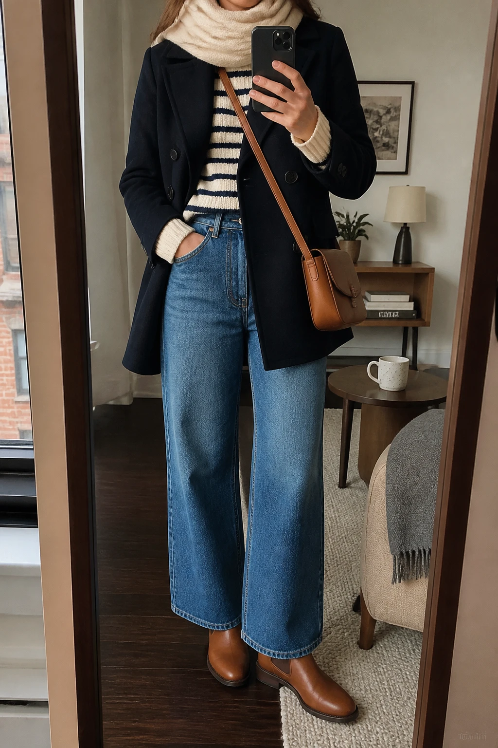 Image Prompt: Mirror selfie of a woman wearing a navy double-breasted wool peacoat over a cream and navy striped thick-knit crewneck sweater, medium-blue high-waisted wide-leg denim jeans, cognac brown leather flat Chelsea boots with rubber soles, a structured tan leather crossbody bag, and a soft cream wool scarf wrapped loosely around the neck, holding a phone in front of a mirror, cropped at the NECK so the face does not show, with a relaxed casual selfie pose, in a stylish city apartment, natural window light, a coffee mug on a side table and a folded blanket on a chair, realistic navy wool texture, natural striped knit stitches, medium-blue denim creases, soft warm leather finish, latest iPhone photo quality, no additional clothing or accessories.