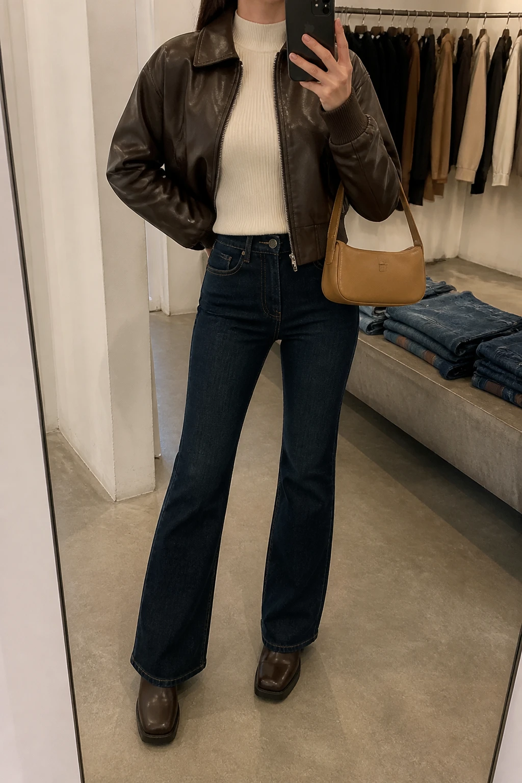 Image Prompt: Mirror selfie of a woman wearing a chocolate brown cropped faux-leather bomber jacket over a cream fitted ribbed mock-neck sweater, dark indigo high-waisted bootcut denim jeans, dark brown leather square-toe platform ankle boots, and a small tan faux-leather baguette shoulder bag, holding a phone in front of a mirror, cropped at the NECK so the face does not show, with a relaxed casual selfie pose, in a fashion studio mirror corner, warm soft indoor lighting, a clothing rack with garments behind and folded denim jeans on a bench, realistic chocolate leather texture and natural bootcut denim folds, latest iPhone photo quality, no additional clothing or accessories.