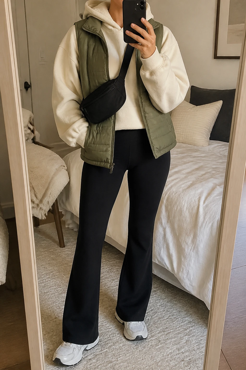 Image Prompt: Mirror selfie of a woman wearing an olive green lightweight insulated quilted puffer vest over a cream oversized fleece-lined hoodie, black high-waisted thick stretch flared leggings, white cushioned chunky sneakers with grey rubber soles, and a small black nylon zippered crossbody bag, holding a phone in front of a mirror, cropped at the NECK so the face does not show, with a relaxed casual selfie pose, in a cozy bedroom mirror setup, soft indoor lighting, soft pillows on an unmade bed and a folded blanket on a chair, realistic olive quilted texture, natural cream fleece folds and sporty airport outfit proportions, latest iPhone photo quality, no additional clothing or accessories.