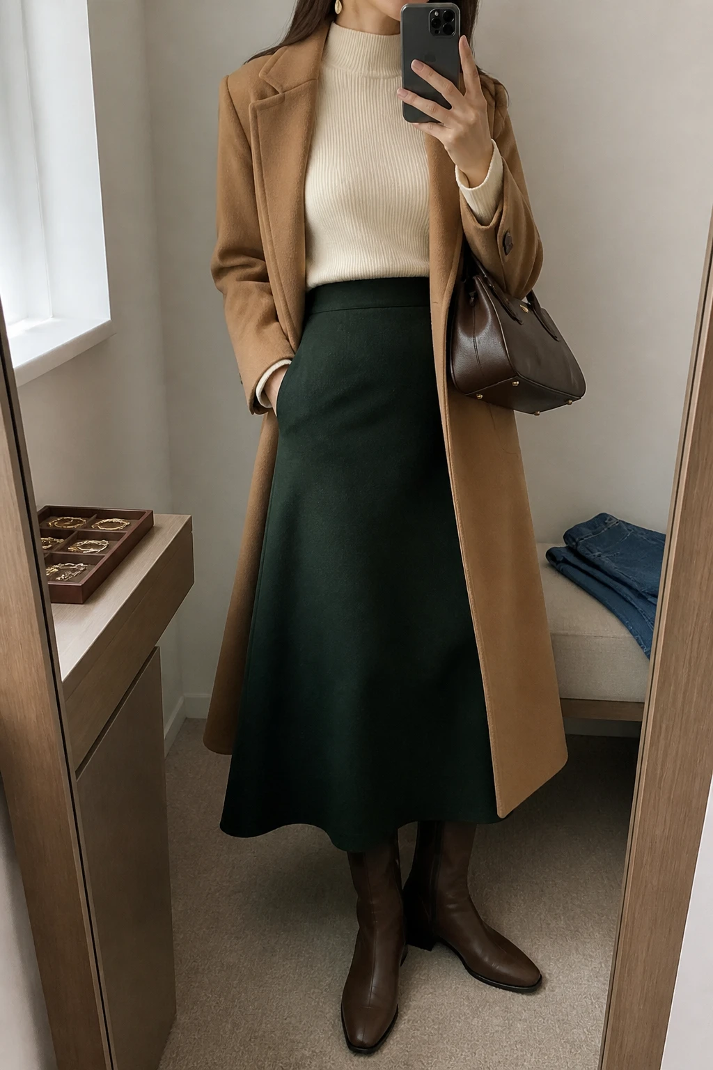 Image Prompt: Mirror selfie of a woman wearing an ivory fitted fine-knit mock-neck sweater tucked into a forest green high-waisted wool-blend A-line maxi skirt, chocolate brown leather knee-high boots with low block heels, a long camel tailored wool coat worn open, a structured dark brown leather handbag, and small gold oval earrings, holding a phone in front of a mirror, cropped at the NECK so the face does not show, with a relaxed casual selfie pose, in a minimal dressing room, soft natural window light, a jewelry tray on the vanity and folded denim jeans on a bench, realistic forest green wool texture, natural ivory knit folds, warm camel coat fabric, latest iPhone photo quality, no additional clothing or accessories.