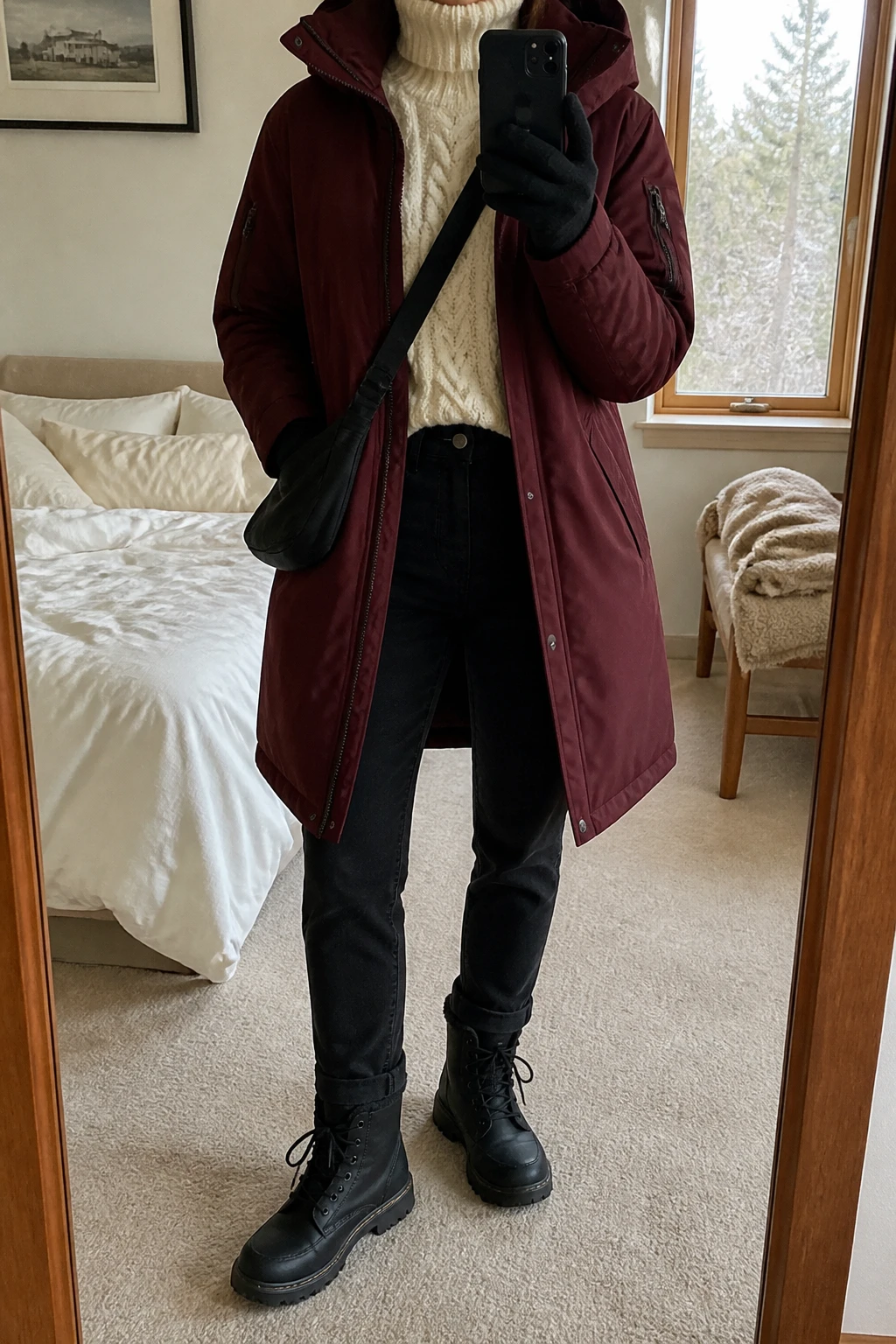 Image Prompt: Mirror selfie of a woman wearing a deep burgundy long insulated hooded parka with a high protective collar, layered over an ivory thick cable-knit turtleneck sweater, solid black high-waisted straight-leg denim jeans with black fleece-lined thermal leggings underneath, black waterproof insulated lace-up winter boots with rubber lug soles, a black ribbed knit beanie, matching black insulated gloves, and a small black nylon crossbody bag, holding a phone in front of a mirror, cropped at the NECK so the face does not show, with a relaxed casual selfie pose, in a cozy bedroom mirror setup, soft natural window light, soft pillows on an unmade bed and a folded blanket on a chair, realistic burgundy parka fabric, natural ivory cable-knit stitches, black denim creases and practical winter layering, latest iPhone photo quality, no additional clothing or accessories.