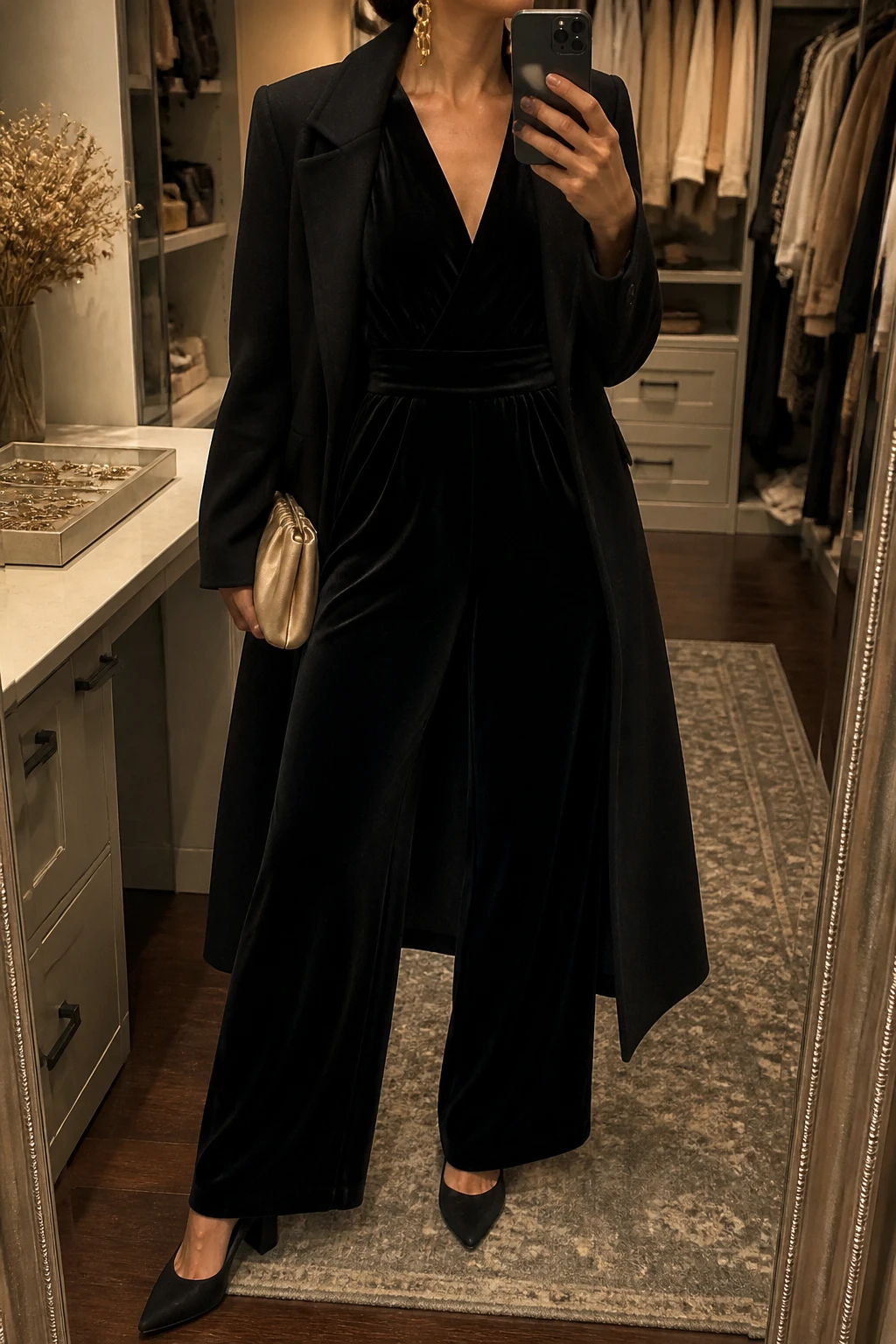 Image Prompt: Mirror selfie of a woman wearing a black long-sleeve velvet wide-leg jumpsuit with a modest V-neckline and fitted waist, black suede pointed-toe block heels, a long black tailored wool coat worn open, a small champagne gold satin clutch, and sculptural gold drop earrings, holding a phone in front of a mirror, cropped at the NECK so the face does not show, with a relaxed casual selfie pose, in a walk-in closet mirror, warm moody lighting, an open closet with clothes visible and a jewelry tray on the vanity, realistic black velvet texture, natural wide-leg fabric drape, soft metallic gold reflections, latest iPhone photo quality, no additional clothing or accessories.