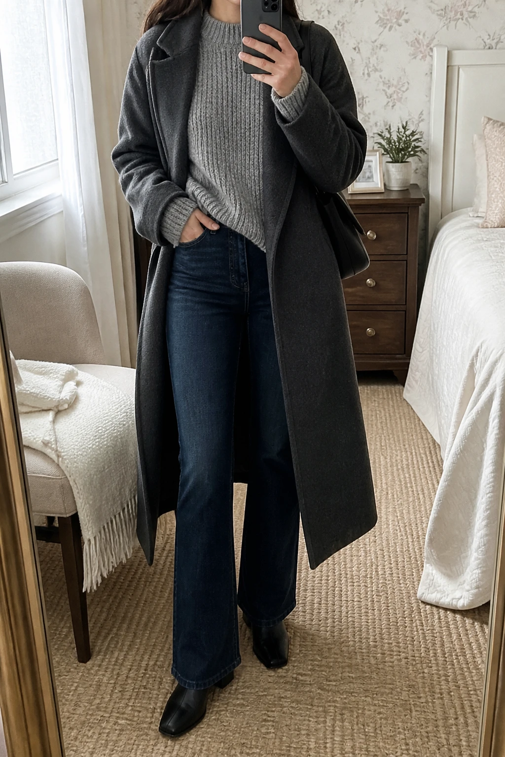 Image Prompt: Mirror selfie of a woman wearing a heather grey oversized chunky ribbed crewneck sweater with a slight front tuck, dark indigo high-waisted bootcut denim jeans, black leather square-toe ankle boots with low block heels, a long charcoal grey wool-blend coat worn open, and a medium black leather shoulder bag, holding a phone in front of a mirror, cropped at the NECK so the face does not show, with a relaxed casual selfie pose, in a feminine-themed bedroom, soft natural window light, a folded blanket on a chair and a small plant on a dresser, realistic grey chunky knit texture, natural dark denim bootcut shape and understated winter colors, latest iPhone photo quality, no additional clothing or accessories.