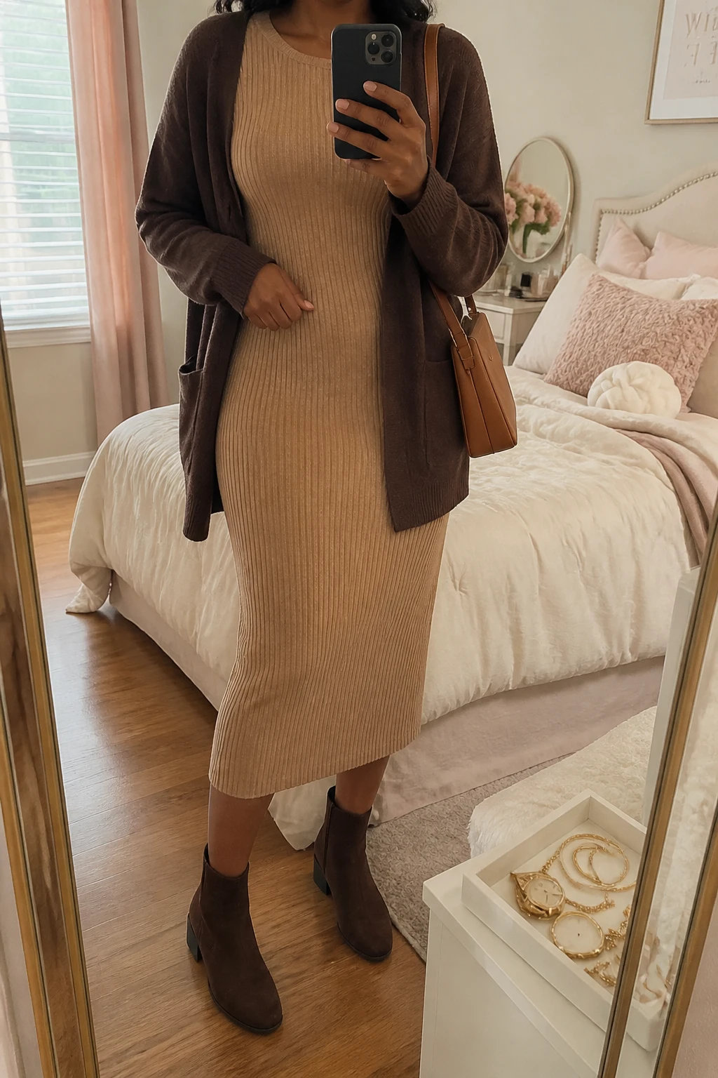 Image Prompt: Mirror selfie of a black woman wearing a camel long-sleeve ribbed knit midi dress with a gently fitted waist, a dark brown lightweight wool-blend cardigan worn open, chocolate brown suede ankle boots with low block heels, a small caramel leather shoulder bag, and delicate gold hoop earrings, holding a phone in front of a mirror, cropped at the NECK so the face does not show, with a relaxed casual selfie pose, in a feminine-themed bedroom, soft natural window light, soft pillows on an unmade bed and a jewelry tray on the vanity, realistic camel knit texture, natural cardigan folds and suede finish, latest iPhone photo quality, no additional clothing or accessories.