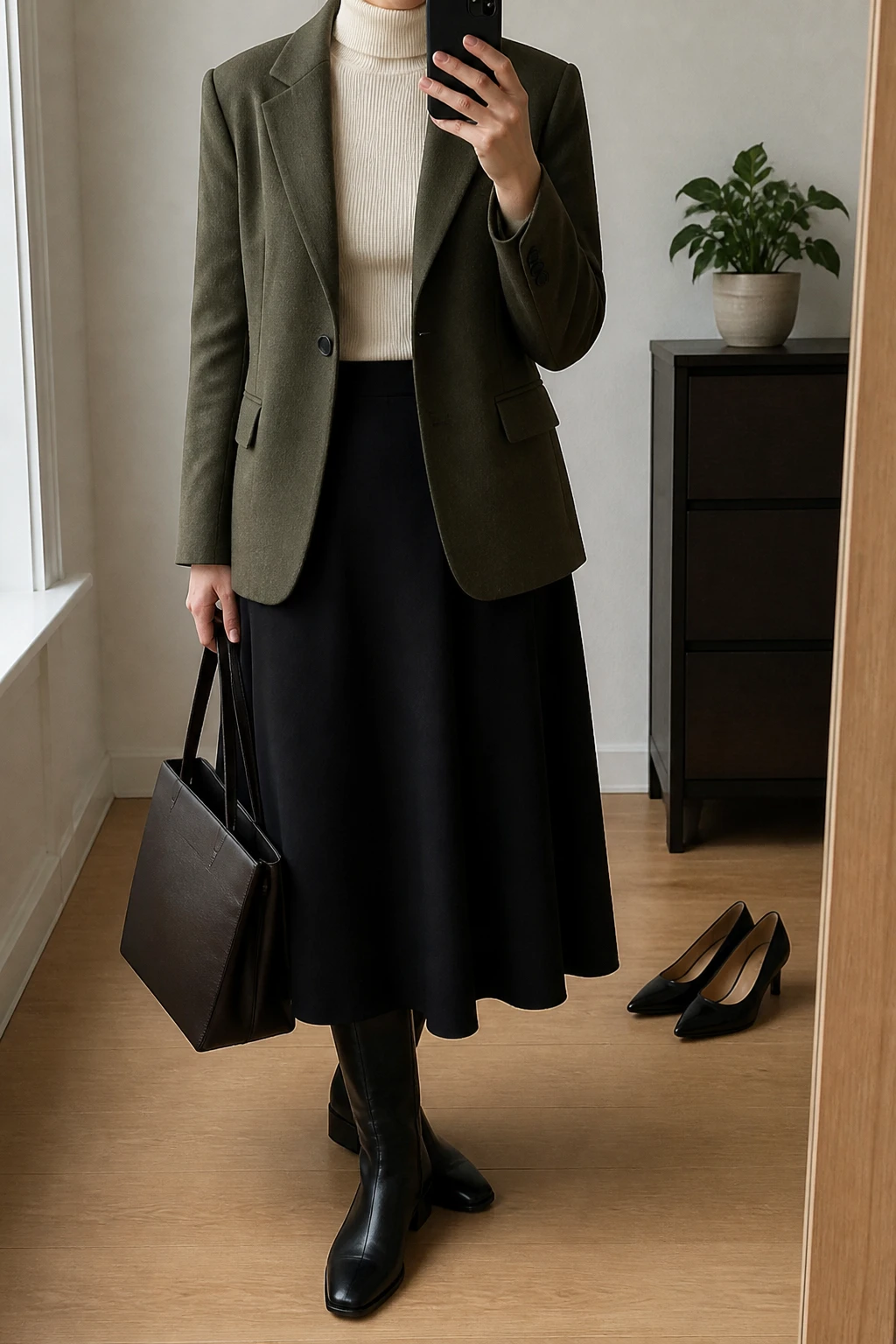 Image Prompt: Mirror selfie of a woman wearing an olive green tailored wool-blend blazer over an ivory fitted fine-knit turtleneck, a black A-line wool midi skirt, black leather knee-high low-heeled boots, and a structured dark brown leather tote bag, holding a phone in front of a mirror, cropped at the NECK so the face does not show, with a relaxed casual selfie pose, in a minimal dressing room, natural window light, a pair of heels on the floor nearby and a small plant on a dresser, realistic olive wool texture and natural skirt folds, latest iPhone photo quality, no additional clothing or accessories.