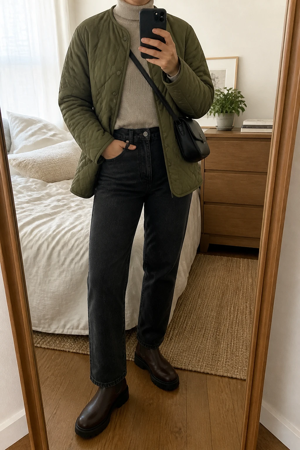 Image Prompt: Mirror selfie of a woman wearing an olive green lightweight quilted hip-length jacket over an oatmeal fine-knit turtleneck sweater, washed black high-waisted straight-leg denim jeans, dark brown leather chunky Chelsea boots with flat rubber soles, and a small black leather crossbody bag, holding a phone in front of a mirror, cropped at the NECK so the face does not show, with a relaxed casual selfie pose, in a cozy bedroom mirror setup, soft natural window light, soft pillows on an unmade bed and a small plant on a dresser, realistic quilted jacket texture, natural black denim creases and comfortable everyday styling, latest iPhone photo quality, no additional clothing or accessories.