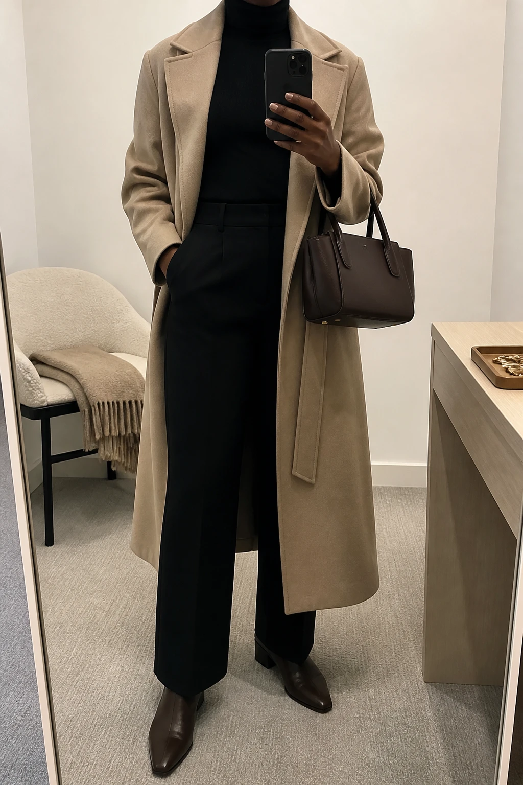 Image Prompt: Mirror selfie of a black woman wearing a long beige belted wool wrap coat left open over a black fitted fine-knit turtleneck sweater, black high-waisted straight-leg tailored wool trousers, dark brown leather pointed-toe ankle boots with low block heels, a structured chocolate brown leather handbag, and small gold stud earrings, holding a phone in front of a mirror, cropped at the NECK so the face does not show, with a relaxed casual selfie pose, in a minimal dressing room, soft indoor lighting, a folded blanket on a chair and a jewelry tray on the vanity, realistic beige wool wrap coat folds, natural black tailored trouser fabric, soft leather texture, latest iPhone photo quality, no additional clothing or accessories.