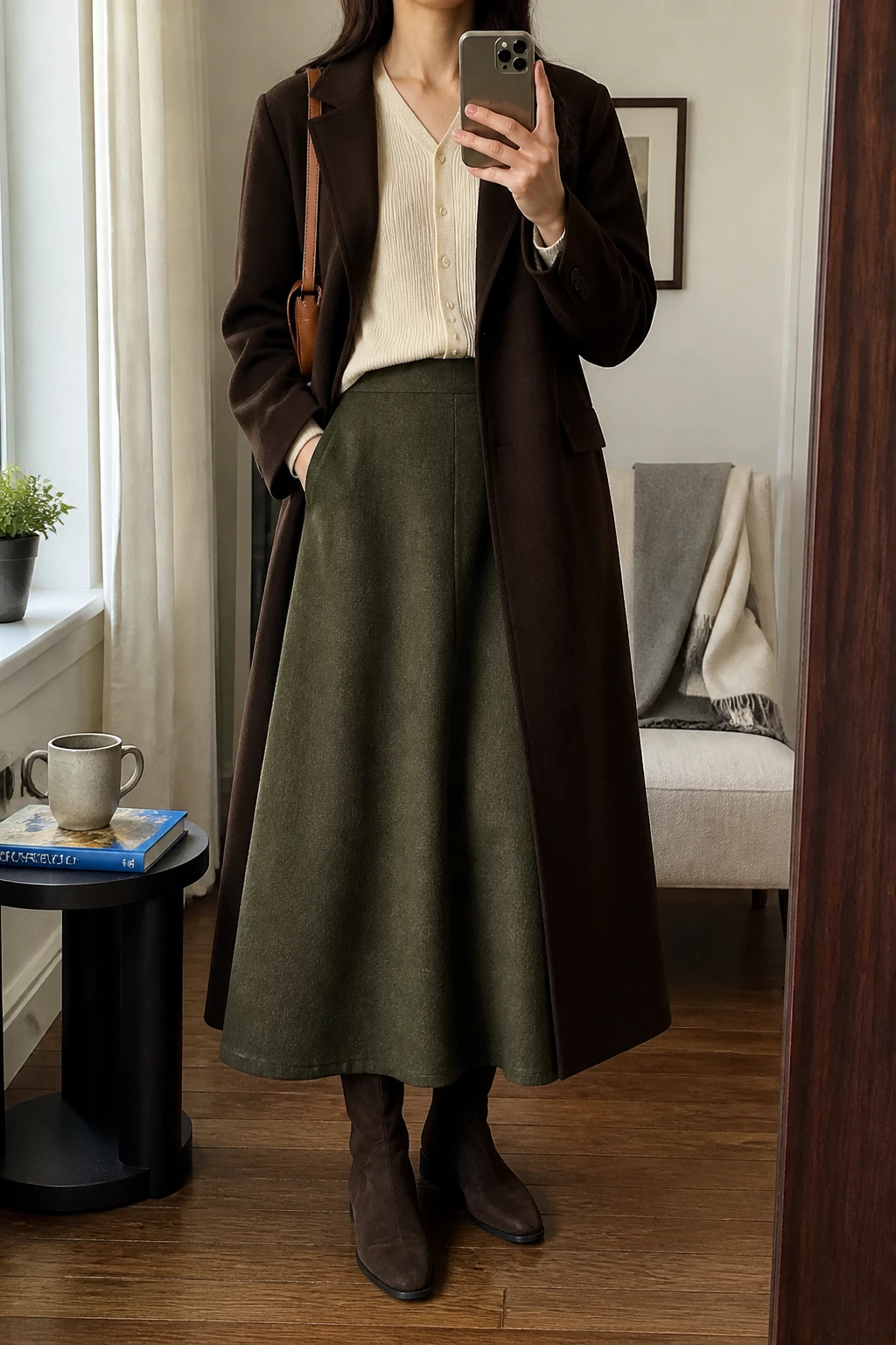 Image Prompt: Mirror selfie of a woman wearing a cream fitted fine-knit button-front cardigan tucked slightly into an olive green high-waisted A-line wool maxi skirt, dark brown suede knee-high flat boots, a long chocolate brown tailored wool coat worn open, a small caramel leather shoulder bag, and delicate gold oval earrings, holding a phone in front of a mirror, cropped at the NECK so the face does not show, with a relaxed casual selfie pose, in a stylish city apartment, soft natural window light, a coffee mug on a side table and a folded blanket on a chair, realistic cream fine-knit texture, natural olive wool skirt folds, soft chocolate wool coat fabric, latest iPhone photo quality, no additional clothing or accessories.