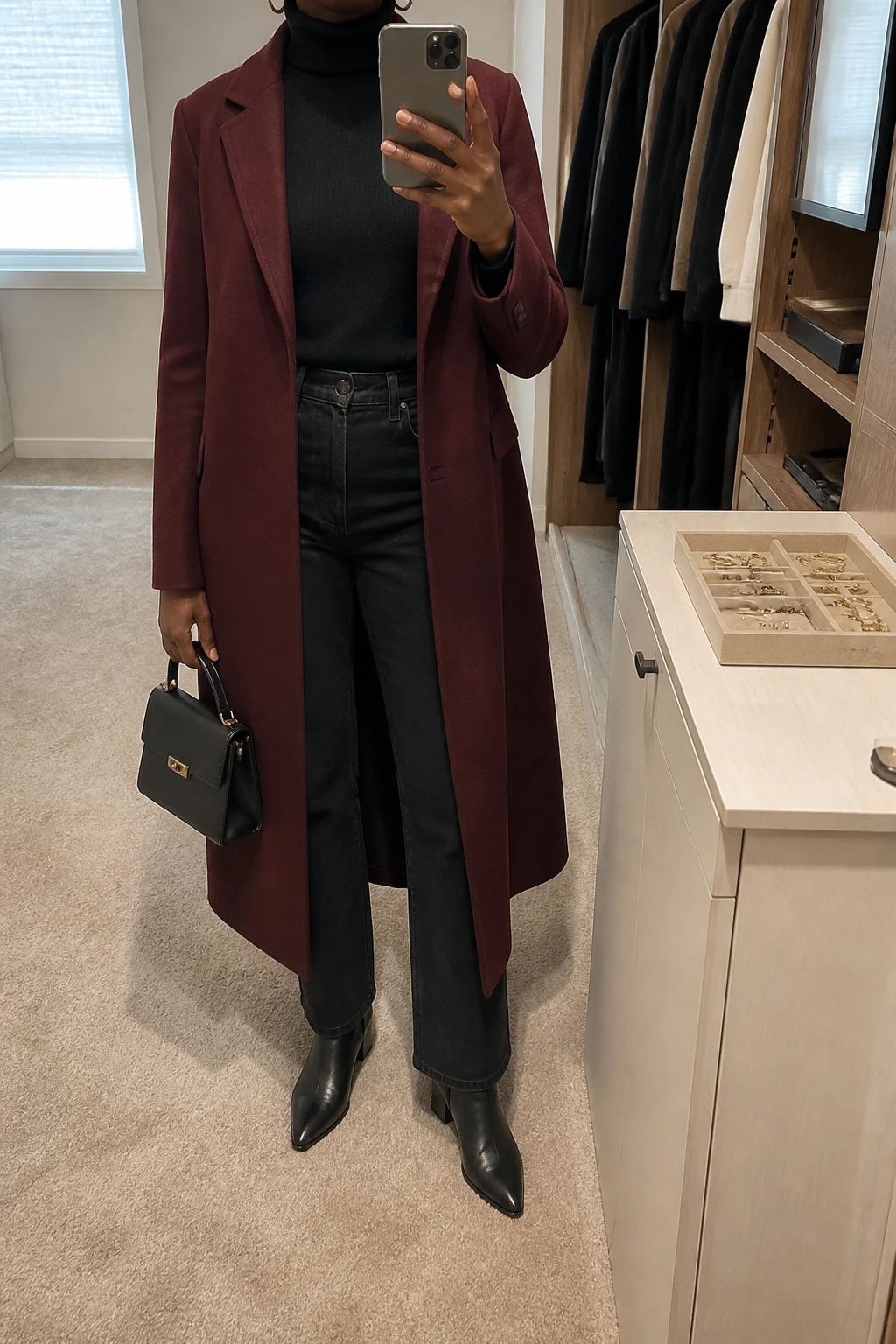 Image Prompt: Mirror selfie of a black woman wearing a long deep burgundy tailored wool coat over a black fitted cashmere turtleneck sweater, solid black high-waisted straight-leg denim jeans, black polished leather pointed-toe ankle boots with low block heels, a small structured black leather handbag, and delicate silver hoop earrings, holding a phone in front of a mirror, cropped at the NECK so the face does not show, with a relaxed casual selfie pose, in a walk-in closet mirror, soft natural window light, an open closet with clothes visible and a jewelry tray on the vanity, realistic burgundy wool fabric, natural black denim creases and understated polished leather finish, latest iPhone photo quality, no additional clothing or accessories.
