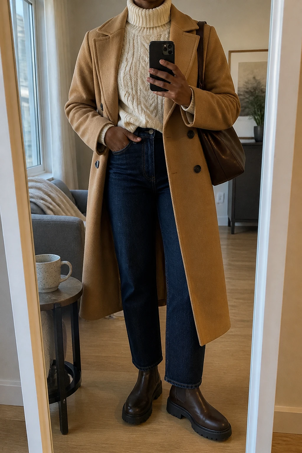 Image Prompt: Mirror selfie of a black woman wearing a long camel double-breasted wool coat left open over a cream chunky cable-knit turtleneck sweater, dark indigo high-waisted straight-leg denim jeans, chocolate brown leather chunky Chelsea boots with flat rubber soles, and a structured dark brown leather shoulder bag, holding a phone in front of a full-length mirror, cropped at the NECK so the face does not show, with a relaxed casual selfie pose, in a stylish city apartment, soft natural window light, a coffee mug on a side table and a folded blanket on a chair, realistic camel wool texture, natural cable-knit stitches, slightly creased denim, latest iPhone photo quality, no additional clothing or accessories.