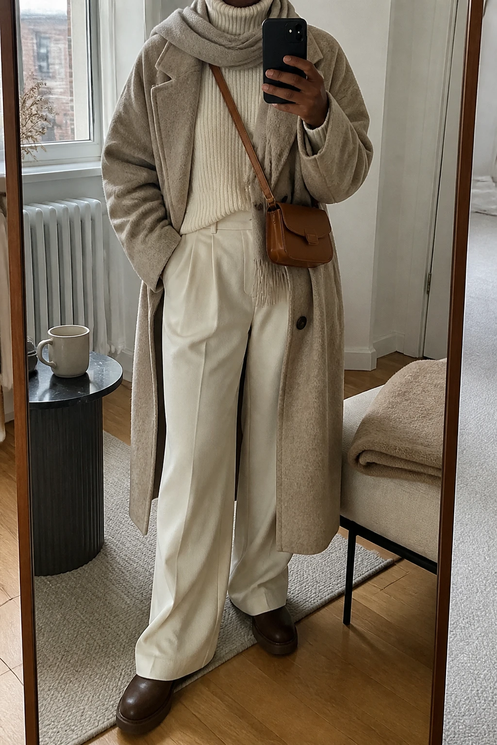 Image Prompt: Mirror selfie of a black woman wearing a long oversized beige single-breasted wool coat over an ivory chunky ribbed turtleneck sweater, cream high-waisted wide-leg tailored wool trousers, chocolate brown leather flat ankle boots with rubber soles, a small structured caramel leather crossbody bag, and a soft oatmeal wool scarf wrapped loosely around the neck, holding a phone in front of a full-length mirror, cropped at the NECK so the face does not show, with a relaxed casual selfie pose, in a stylish city apartment, soft natural window light, a coffee mug on a side table and a folded blanket on a chair, realistic beige wool texture, natural cream trouser folds, soft oversized proportions, believable fabric details, latest iPhone photo quality, no additional clothing or accessories.