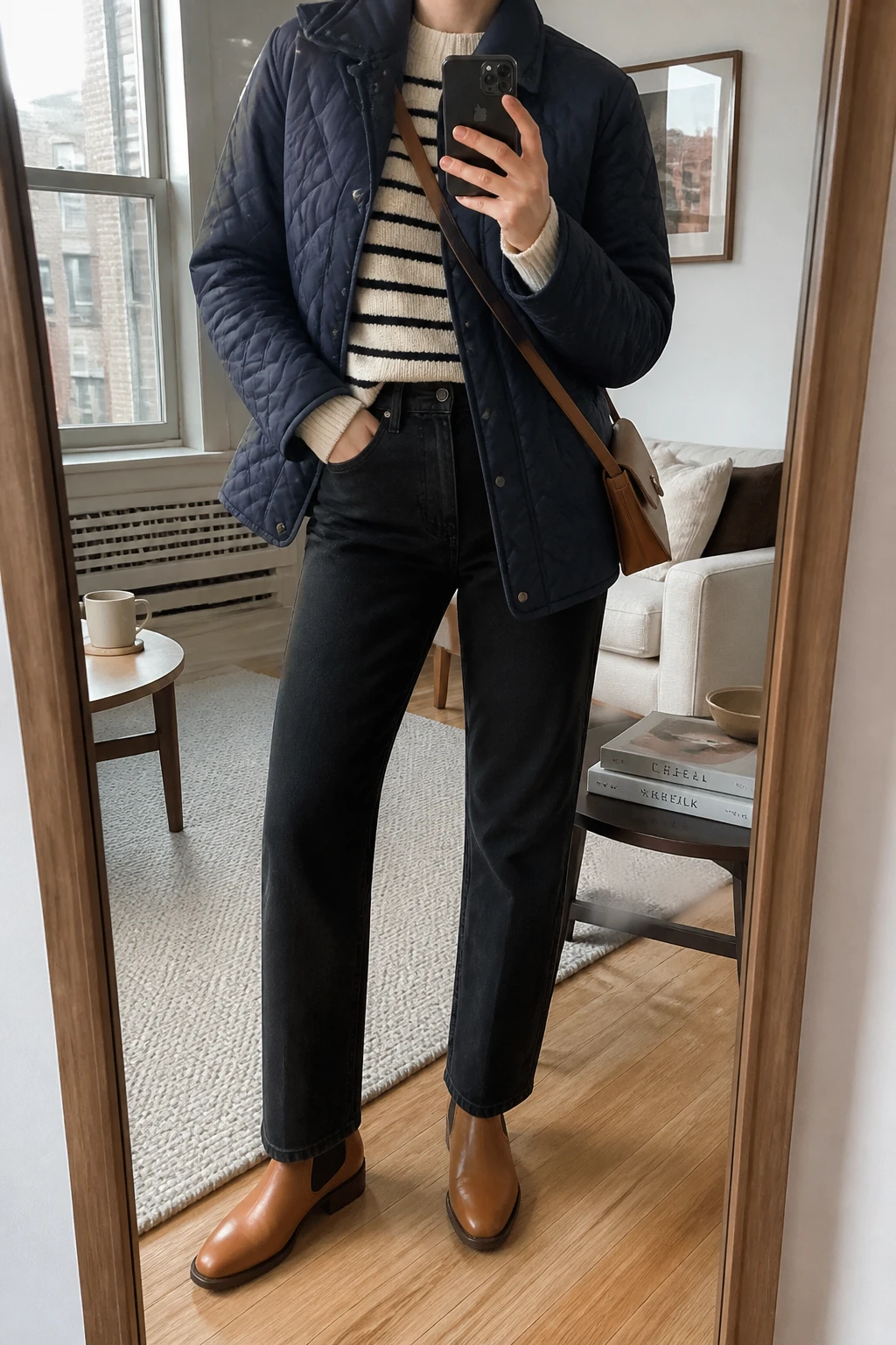 Image Prompt: Mirror selfie of a woman wearing a navy insulated hip-length quilted jacket over a cream and navy striped thick-knit crewneck sweater, black high-waisted straight-leg denim jeans, cognac brown leather flat Chelsea boots, and a tan leather crossbody bag, holding a phone in front of a mirror, cropped at the NECK so the face does not show, with a relaxed casual selfie pose, in a stylish city apartment, soft natural window light, a coffee mug on a side table and a stack of fashion magazines on a side table, realistic navy quilted fabric, natural striped sweater texture and dark denim creases, latest iPhone photo quality, no additional clothing or accessories.