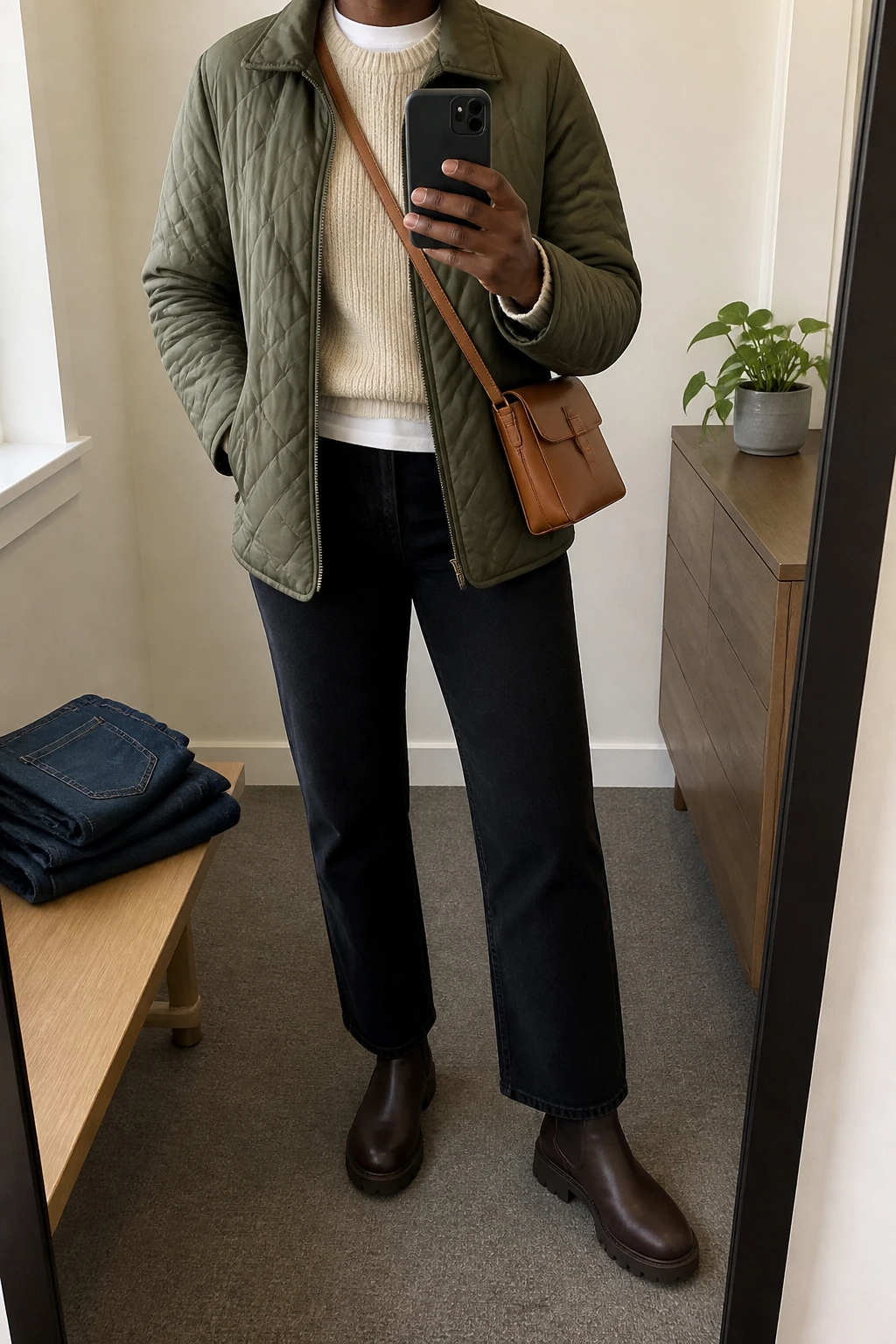 Image Prompt: Mirror selfie of a black woman wearing an olive green insulated quilted hip-length jacket over an oatmeal thick ribbed crewneck sweater, a white cotton crewneck T-shirt showing slightly at the neckline and hem, black high-waisted straight-leg denim jeans, dark brown leather chunky Chelsea boots, and a medium tan leather crossbody bag, holding a phone in front of a mirror, cropped at the NECK so the face does not show, with a relaxed casual selfie pose, in a minimal dressing room, soft natural window light, folded denim jeans on a bench and a small plant on a dresser, realistic quilted jacket texture, natural winter layering, latest iPhone photo quality, no additional clothing or accessories.