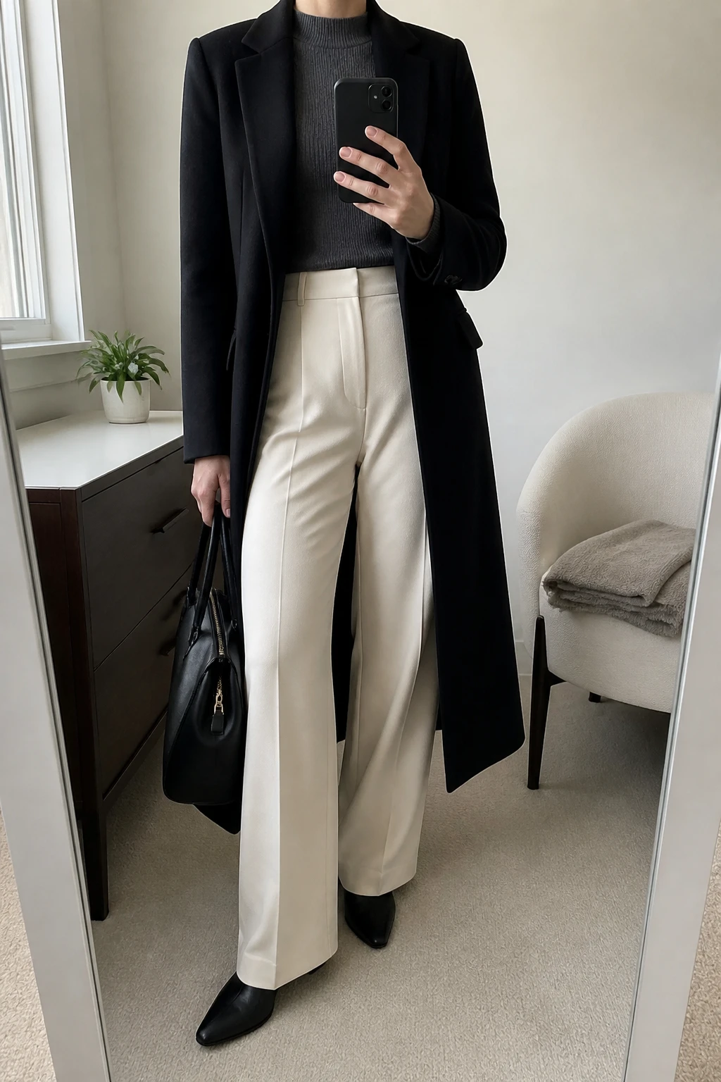 Image Prompt: Mirror selfie of a woman wearing a long black tailored wool coat over a charcoal grey fitted ribbed mock-neck sweater, ivory high-waisted wide-leg tailored wool trousers, black leather pointed-toe low block-heel ankle boots, and a structured black leather top-handle work bag, holding a phone in front of a mirror, cropped at the NECK so the face does not show, with a relaxed casual selfie pose, in a minimal dressing room, soft natural window light, a small plant on a dresser and a folded blanket on a chair, realistic wool fabric, clean tailored lines and natural trouser folds, latest iPhone photo quality, no additional clothing or accessories.