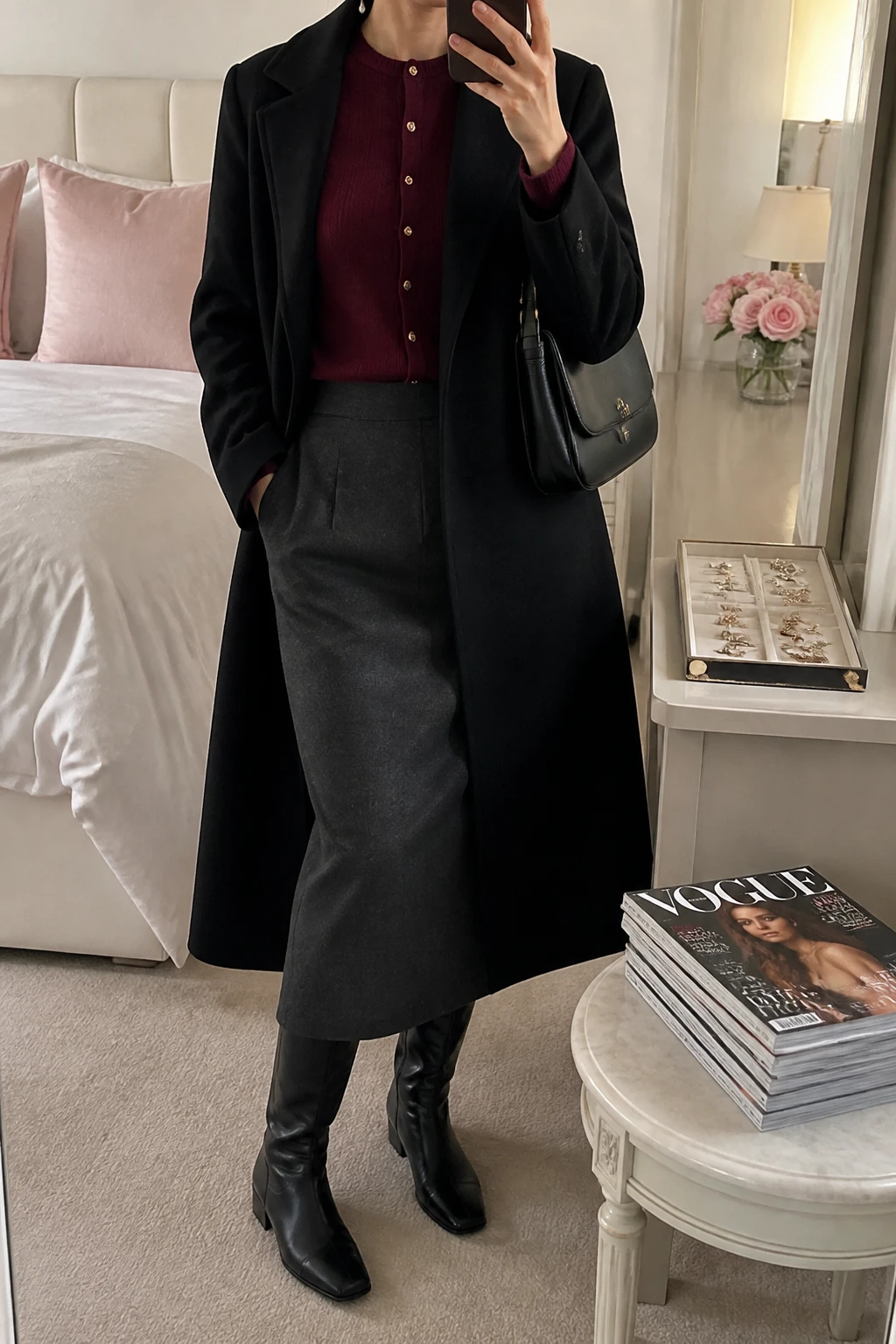 Image Prompt: Mirror selfie of a woman wearing a burgundy fine-knit wool cardigan with small gold buttons, fully buttoned and tucked into a charcoal grey high-waisted wool pencil midi skirt, black leather knee-high boots with low block heels, a long black tailored wool coat worn open, a structured black leather shoulder bag, and small gold pearl-drop earrings, holding a phone in front of a mirror, cropped at the NECK so the face does not show, with a relaxed casual selfie pose, in a feminine-themed bedroom, soft indoor lighting, a jewelry tray on the vanity and a stack of fashion magazines on a side table, realistic burgundy wool knit texture, natural charcoal skirt folds, latest iPhone photo quality, no additional clothing or accessories.