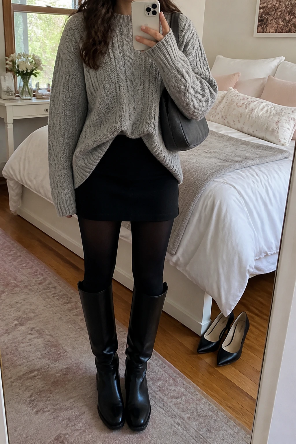 Image Prompt: Mirror selfie of a woman wearing a heather grey oversized cable-knit sweater with a slight front tuck, a black wool-blend mini skirt, opaque black thermal tights, black leather knee-high flat boots, and a small charcoal grey shoulder bag, holding a phone in front of a mirror, cropped at the NECK so the face does not show, with a relaxed casual selfie pose, in a feminine-themed bedroom, soft natural window light, soft pillows on an unmade bed and a pair of heels on the floor nearby, realistic knit texture and casual posture, latest iPhone photo quality, no additional clothing or accessories.