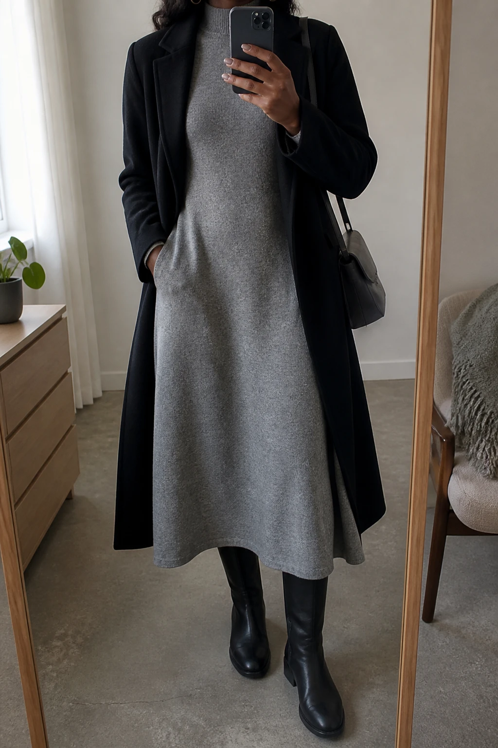 Image Prompt: Mirror selfie of a black woman wearing a heather grey long-sleeve wool-blend A-line midi dress with a high neckline, black leather knee-high boots with flat soles, a long black tailored wool coat worn open, a small charcoal grey leather shoulder bag, and silver hoop earrings, holding a phone in front of a mirror, cropped at the NECK so the face does not show, with a relaxed casual selfie pose, in a minimal dressing room, soft natural window light, a folded blanket on a chair and a small plant on a dresser, realistic wool dress texture and natural coat draping, latest iPhone photo quality, no additional clothing or accessories.