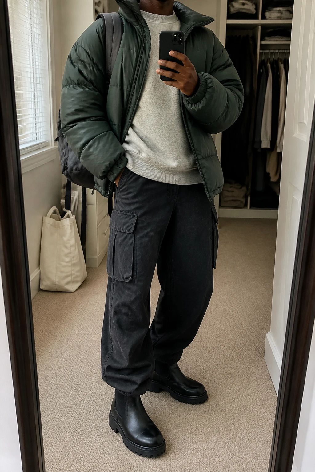 Image Prompt: Mirror selfie of a black woman wearing a forest green oversized insulated quilted puffer jacket over a light grey thick fleece-lined crewneck sweatshirt, washed black baggy denim cargo jeans with large side pockets, black waterproof leather chunky Chelsea boots with rubber lug soles, and a medium charcoal grey nylon backpack, holding a phone in front of a mirror, cropped at the NECK so the face does not show, with a relaxed casual selfie pose, in a walk-in closet mirror, soft natural window light, an open closet with clothes visible and a tote bag resting on the floor, realistic forest green puffer volume, natural grey fleece texture and black denim cargo folds, latest iPhone photo quality, no additional clothing or accessories.