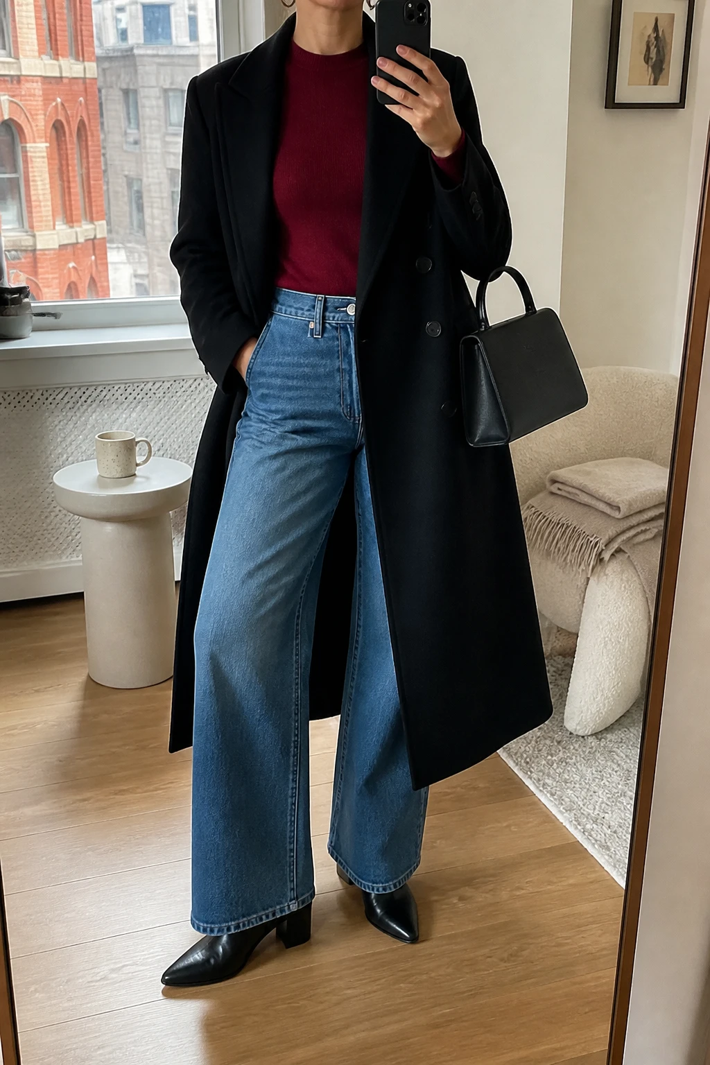 Image Prompt: Mirror selfie of a woman wearing a long black double-breasted tailored wool coat worn open over a deep cherry red fitted cashmere crewneck sweater tucked into classic medium-blue high-waisted wide-leg denim jeans, black polished leather pointed-toe ankle boots with low block heels, a structured black leather top-handle handbag, and small silver hoop earrings, holding a phone in front of a full-length mirror, cropped at the NECK so the face does not show, with a relaxed casual selfie pose, in a stylish city apartment, natural window light, a coffee mug on a side table and a folded blanket on a chair, realistic black wool coat texture, rich cherry red cashmere knit, natural medium-blue denim folds, polished but believable winter styling, latest iPhone photo quality, no additional clothing or accessories.