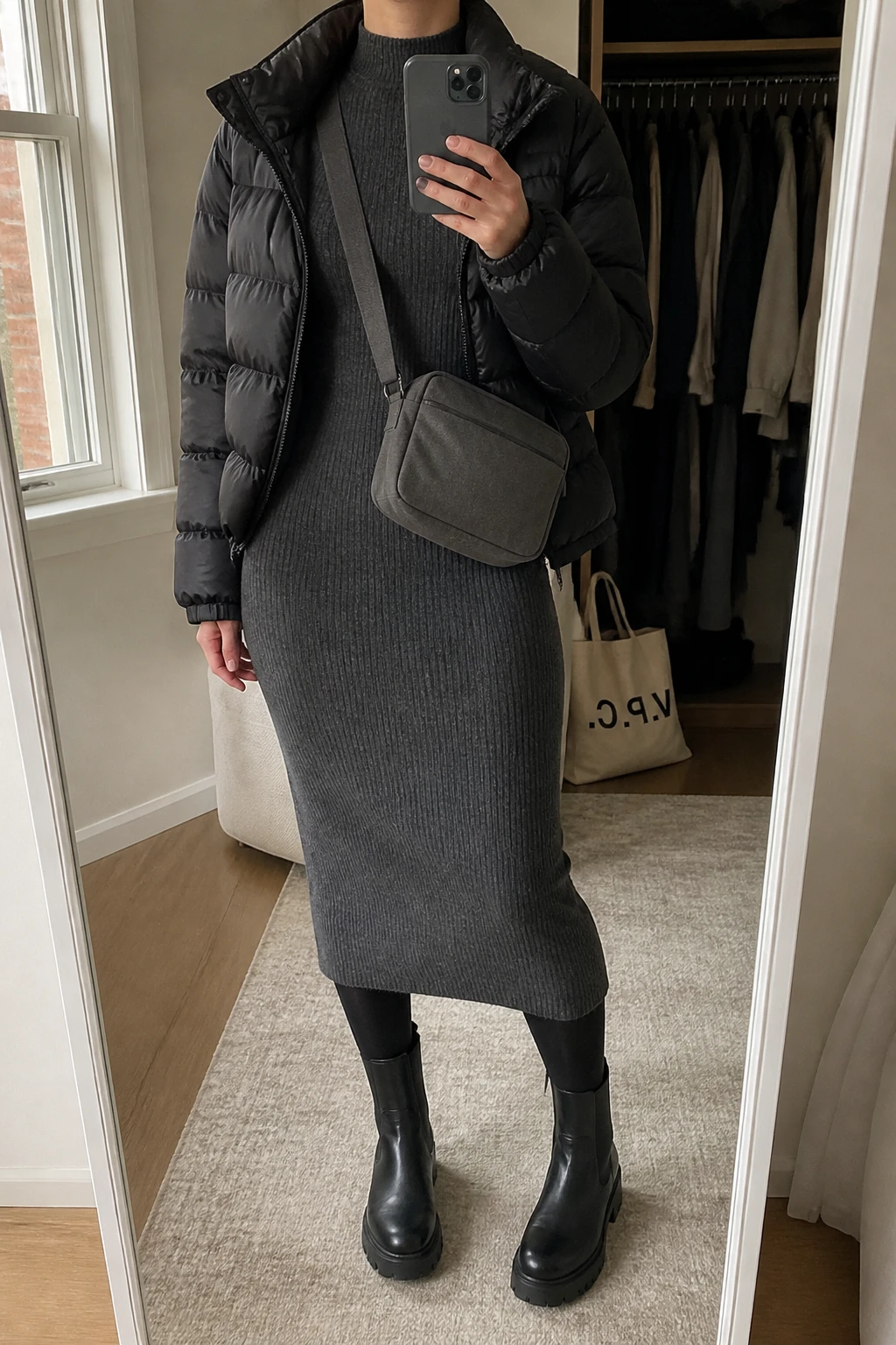Image Prompt: Mirror selfie of a woman wearing a charcoal grey long-sleeve fitted ribbed knit midi dress, a black cropped quilted down puffer jacket worn open, black leather chunky Chelsea boots with flat rubber soles, black opaque thermal tights, and a small charcoal grey nylon crossbody bag, holding a phone in front of a mirror, cropped at the NECK so the face does not show, with a relaxed casual selfie pose, in a walk-in closet mirror, soft natural window light, an open closet with clothes visible and a tote bag resting on the floor, realistic puffer volume, natural knit dress folds and casual winter styling, latest iPhone photo quality, no additional clothing or accessories.