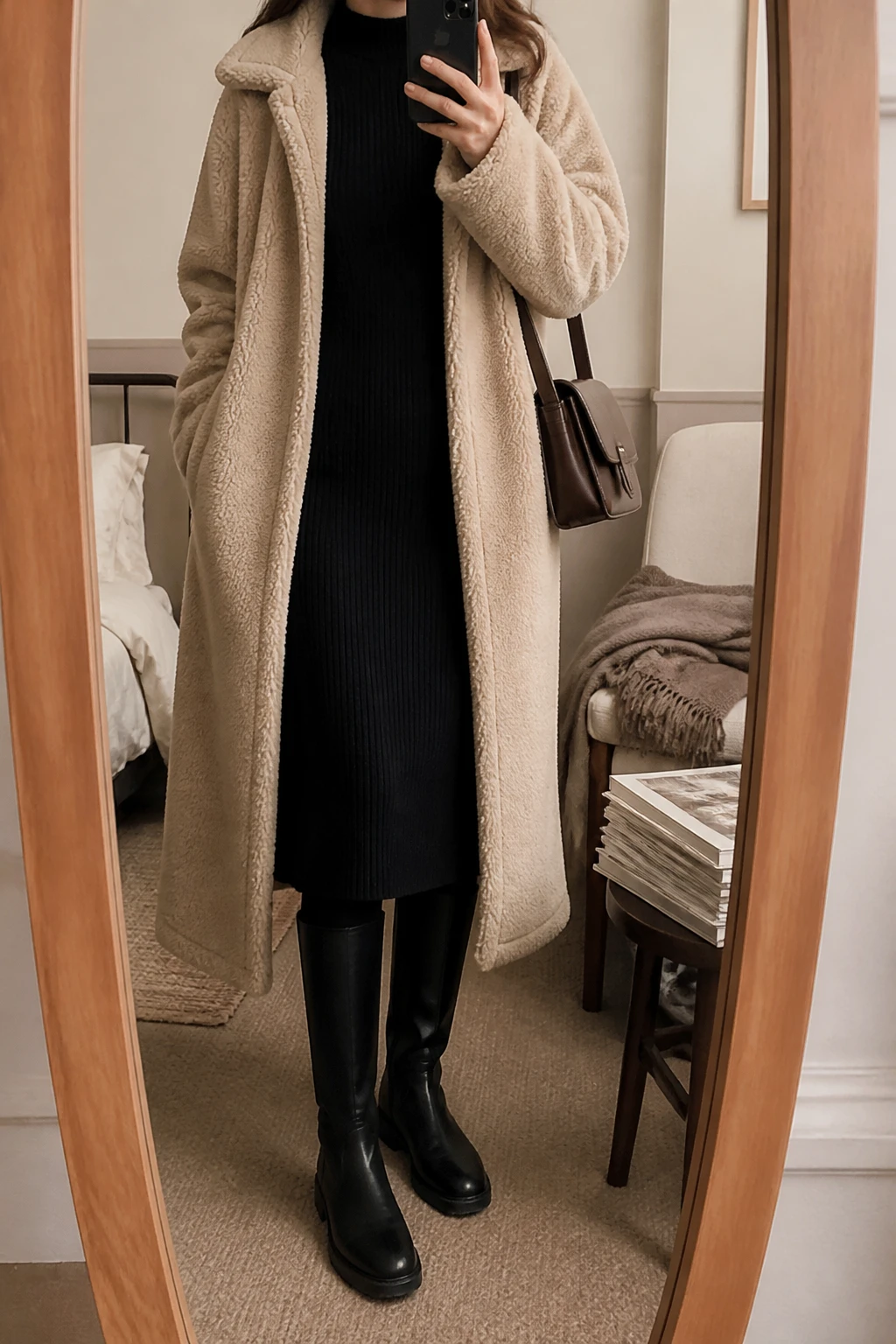 Image Prompt: Mirror selfie of a woman wearing a long beige oversized teddy-fleece coat over a black long-sleeve ribbed knit midi dress with a high neckline, black opaque thermal tights, black leather knee-high flat boots with thick rubber soles, and a small chocolate brown leather shoulder bag, holding a phone in front of a mirror, cropped at the NECK so the face does not show, with a relaxed casual selfie pose, in a cozy bedroom mirror setup, warm soft indoor lighting, a folded blanket on a chair and a stack of fashion magazines on a side table, realistic teddy-fleece texture, natural dress folds and soft winter tones, latest iPhone photo quality, no additional clothing or accessories.