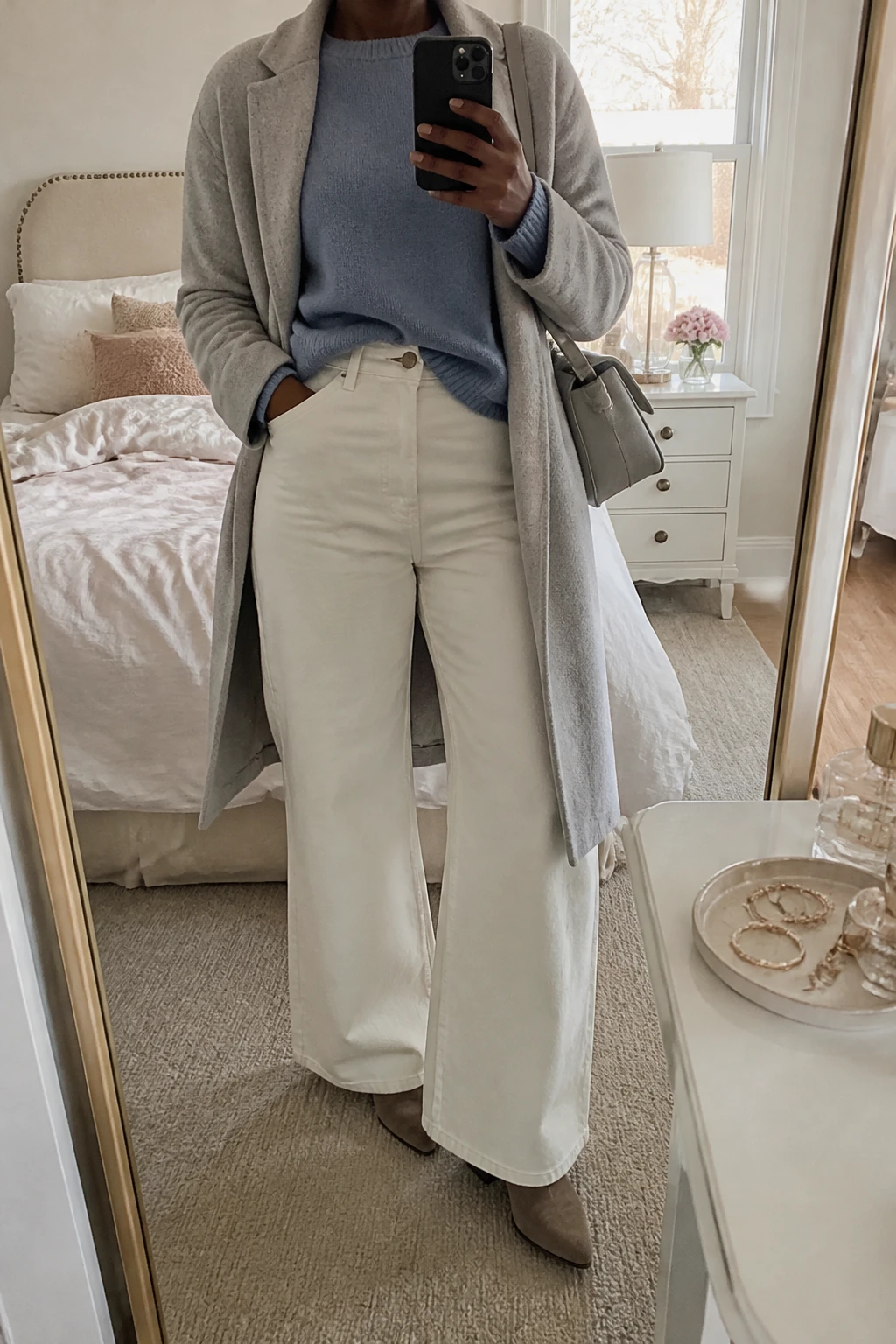 Image Prompt: Mirror selfie of a black woman wearing a dusty blue oversized soft wool-blend crewneck sweater with a small front tuck, winter-white high-waisted wide-leg denim jeans, a light grey tailored wool coat worn open, taupe suede low-heeled ankle boots, and a small light grey leather shoulder bag, holding a phone in front of a mirror, cropped at the NECK so the face does not show, with a relaxed casual selfie pose, in a feminine-themed bedroom, soft natural window light, soft pillows on an unmade bed and a jewelry tray on the vanity, slightly subdued winter colors, realistic knit texture and denim folds, latest iPhone photo quality, no additional clothing or accessories.