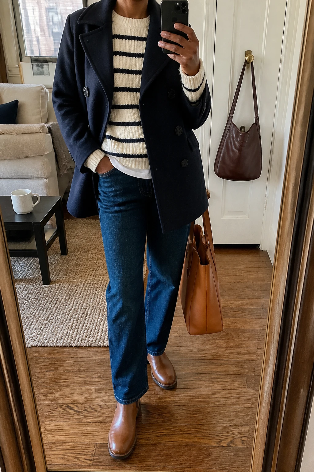 Image Prompt: Mirror selfie of a black woman wearing a navy double-breasted wool peacoat open over a cream and navy striped chunky-knit crewneck sweater, a white cotton crewneck T-shirt visible slightly at the sweater hem, dark blue straight-leg denim jeans, cognac brown leather flat Chelsea boots, and a tan leather tote bag, holding a phone in front of a mirror, cropped at the NECK so the face does not show, with a relaxed casual selfie pose, in a stylish city apartment, natural window light, a coffee mug on a side table and a handbag hanging on a door handle, realistic striped knit texture, natural winter outfit folds, latest iPhone photo quality, no additional clothing or accessories.