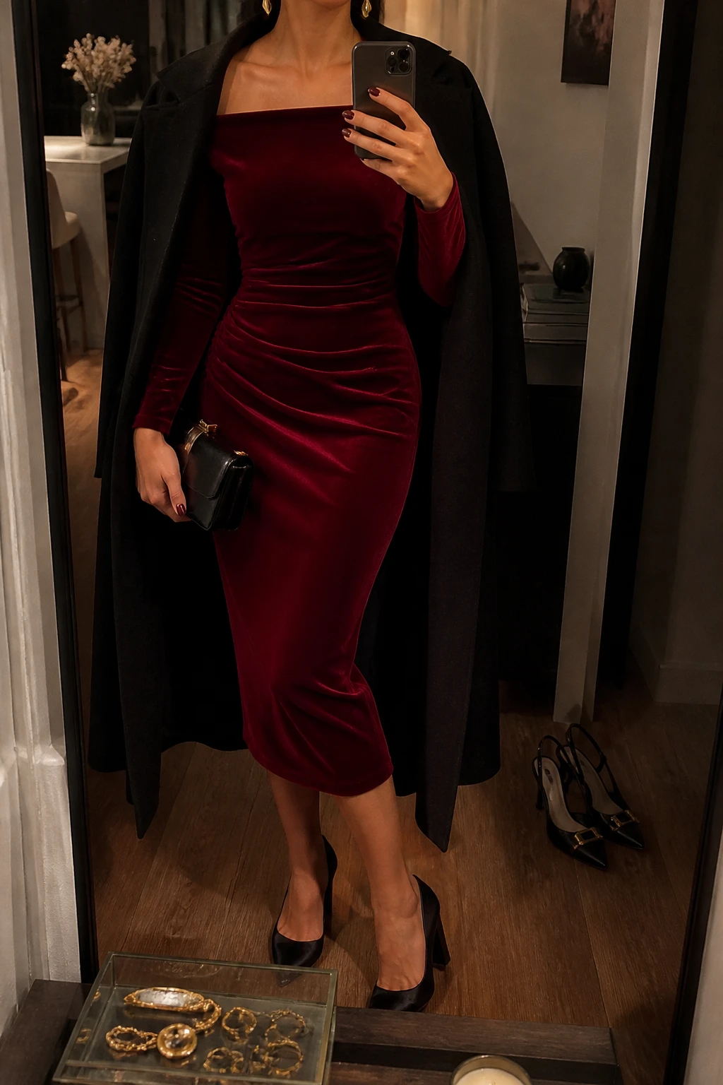 Image Prompt: Mirror selfie of a woman wearing a deep red long-sleeve off-shoulder velvet midi dress with a fitted waist and gently ruched skirt, black pointed-toe satin block heels, a small black structured evening clutch, delicate gold teardrop earrings, and a long black wool coat draped open over the shoulders, holding a phone in front of a mirror, cropped at the NECK so the face does not show, with a relaxed casual selfie pose, in a stylish city apartment, warm moody indoor lighting, a jewelry tray on the vanity and a pair of heels on the floor nearby, realistic velvet fabric, elegant natural posture and subtle indoor shadows, latest iPhone photo quality, no additional clothing or accessories.