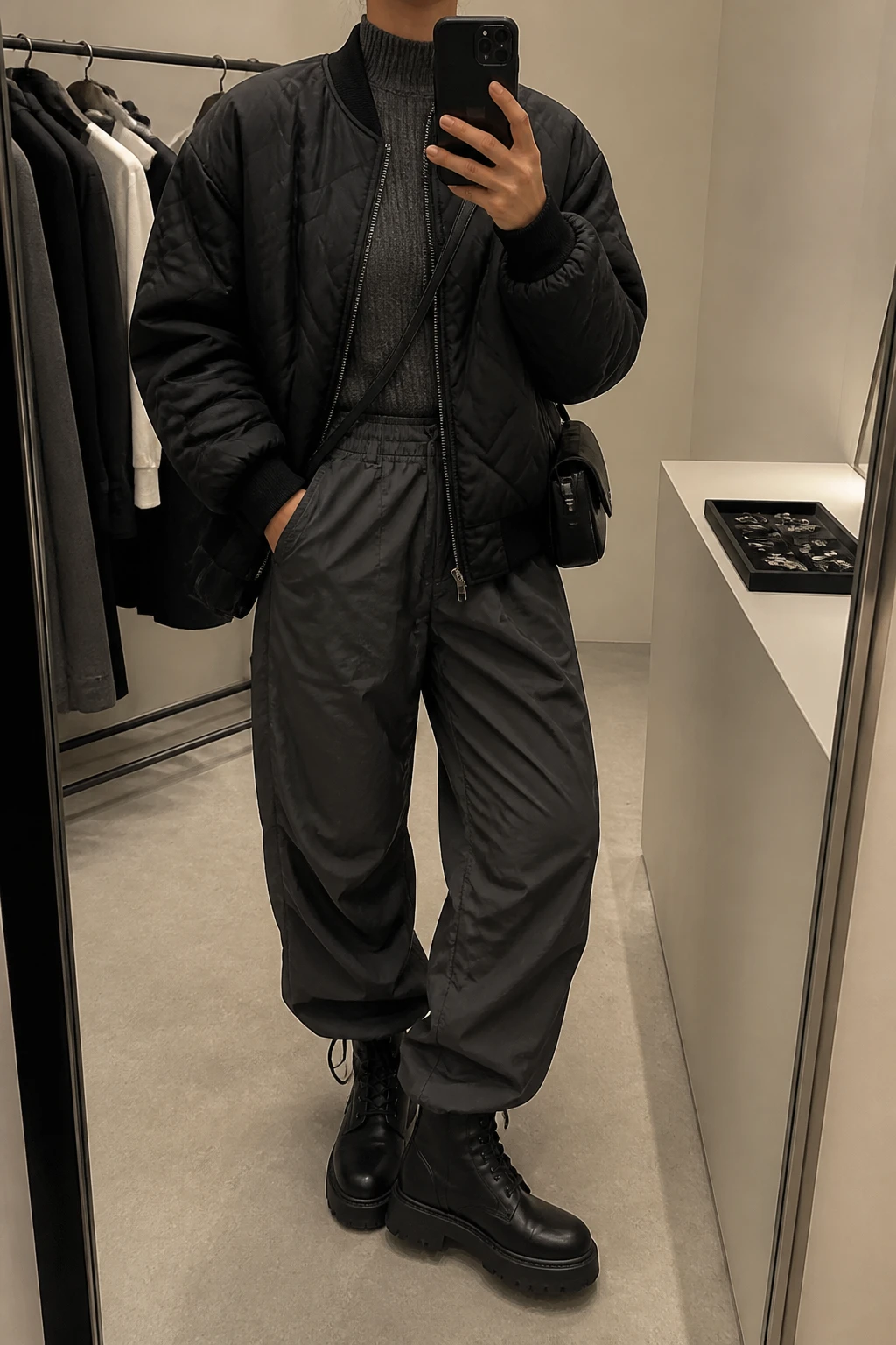 Image Prompt: Mirror selfie of a woman wearing an oversized black quilted insulated bomber jacket over a charcoal grey fitted ribbed mock-neck sweater, dark grey baggy nylon parachute pants with adjustable cuffs, black leather chunky platform combat boots with flat soles, and a small black nylon crossbody bag, holding a phone in front of a mirror, cropped at the NECK so the face does not show, with a relaxed casual selfie pose, in a minimal dressing room, warm soft indoor lighting, a clothing rack with garments behind and a jewelry tray on the vanity, realistic quilted bomber fabric, natural nylon trouser folds and relaxed winter streetwear styling, latest iPhone photo quality, no additional clothing or accessories.