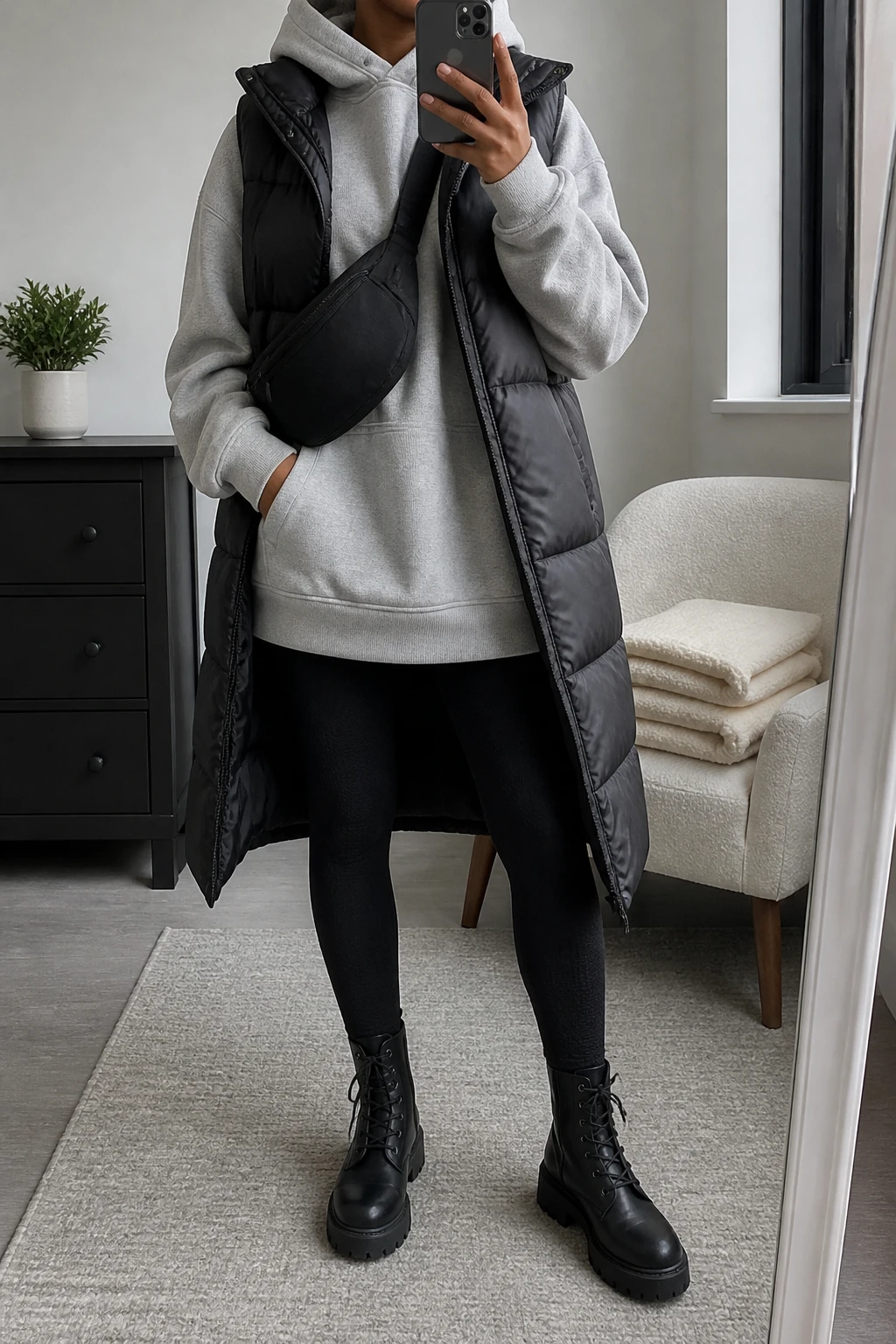 Image Prompt: Mirror selfie of a black woman wearing a heather grey oversized fleece-lined hoodie that extends below the hips, black high-waisted thermal leggings, a long black insulated quilted puffer vest worn open, black leather chunky lace-up ankle boots with flat lug soles, and a small black nylon crossbody bag worn across the chest, holding a phone in front of a mirror, cropped at the NECK so the face does not show, with a relaxed casual selfie pose, in a minimal dressing room, soft natural window light, a folded blanket on a chair and a small plant on a dresser, realistic thick grey fleece fabric, natural black quilted texture and relaxed winter styling, latest iPhone photo quality, no additional clothing or accessories.