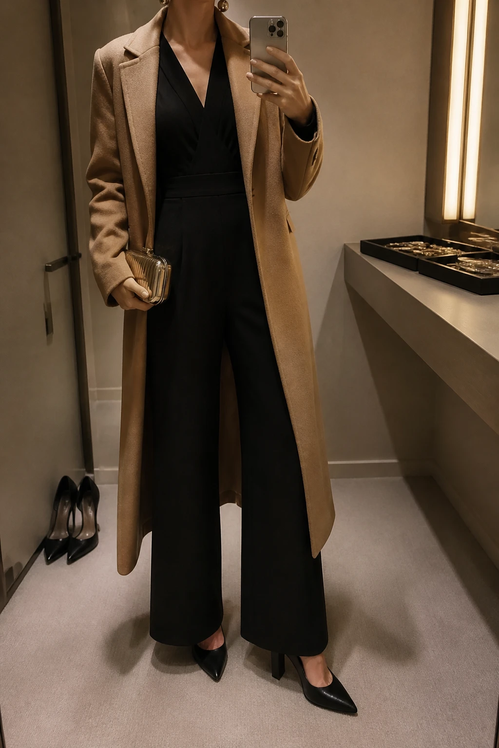 Image Prompt: Mirror selfie of a woman wearing a black long-sleeve crepe wide-leg jumpsuit with a fitted waist and modest V-neckline, black leather pointed-toe block heels, a long camel tailored wool coat worn open, a small metallic gold evening clutch, and gold sculptural statement earrings, holding a phone in front of a mirror, cropped at the NECK so the face does not show, with a relaxed casual selfie pose, in a minimal dressing room, warm moody indoor lighting, a pair of heels on the floor nearby and a jewelry tray on the vanity, realistic black crepe fabric drape, natural tailored fit and subtle gold metallic reflections, latest iPhone photo quality, no additional clothing or accessories.