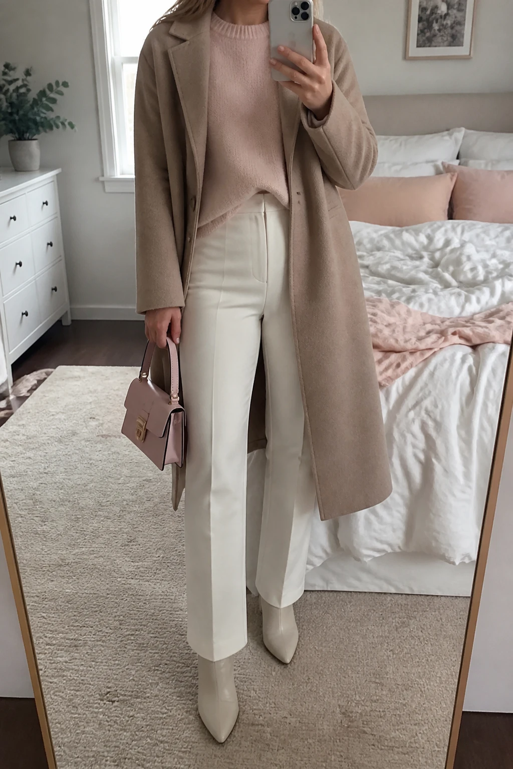 Image Prompt: Mirror selfie of a woman wearing a pale blush pink fuzzy mohair-blend crewneck sweater with a slight front tuck, winter-white high-waisted straight-leg wool trousers, a light taupe wool coat worn open, beige leather pointed-toe ankle boots, and carrying a small dusty pink leather top-handle bag, holding a phone in front of a mirror, cropped at the NECK so the face does not show, with a relaxed casual selfie pose, in a feminine-themed bedroom, natural window light, soft pillows on an unmade bed and a small plant on a dresser, true-to-life pastel shades, realistic fabric texture, latest iPhone photo quality, no additional clothing or accessories.