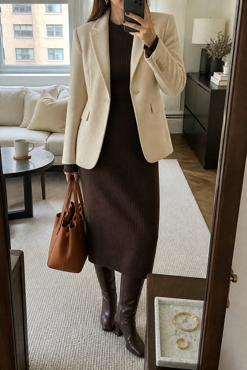 Image Prompt: Mirror selfie of a woman wearing a cream tailored wool-blend single-breasted blazer over a chocolate brown long-sleeve fine-ribbed knit midi dress with a high round neckline, softly fitted waist, and straight skirt, dark brown leather knee-high boots with low block heels, a structured caramel leather work handbag, and small gold oval earrings, holding a phone in front of a full-length mirror, cropped at the NECK so the face does not show, with a relaxed casual selfie pose, in a stylish city apartment, soft natural window light, a coffee mug on a side table and a jewelry tray on the vanity, realistic cream wool blazer tailoring, natural chocolate knit dress folds and polished winter styling, latest iPhone photo quality, no additional clothing or accessories.