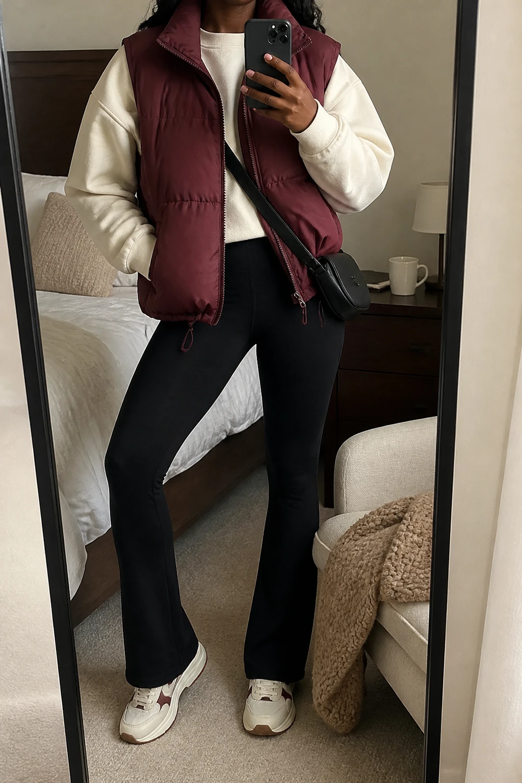 Image Prompt: Mirror selfie of a black woman wearing a burgundy insulated quilted puffer vest over an ivory oversized fleece-lined crewneck sweatshirt, black high-waisted thermal flared leggings, cream chunky leather sneakers with burgundy detailing, and a small black nylon crossbody bag, holding a phone in front of a mirror, cropped at the NECK so the face does not show, with a relaxed casual selfie pose, in a cozy bedroom mirror setup, soft indoor lighting, a coffee mug on a bedside table and a folded blanket on a chair, realistic burgundy quilted texture, natural fleece sweatshirt folds and sporty casual styling, latest iPhone photo quality, no additional clothing or accessories.