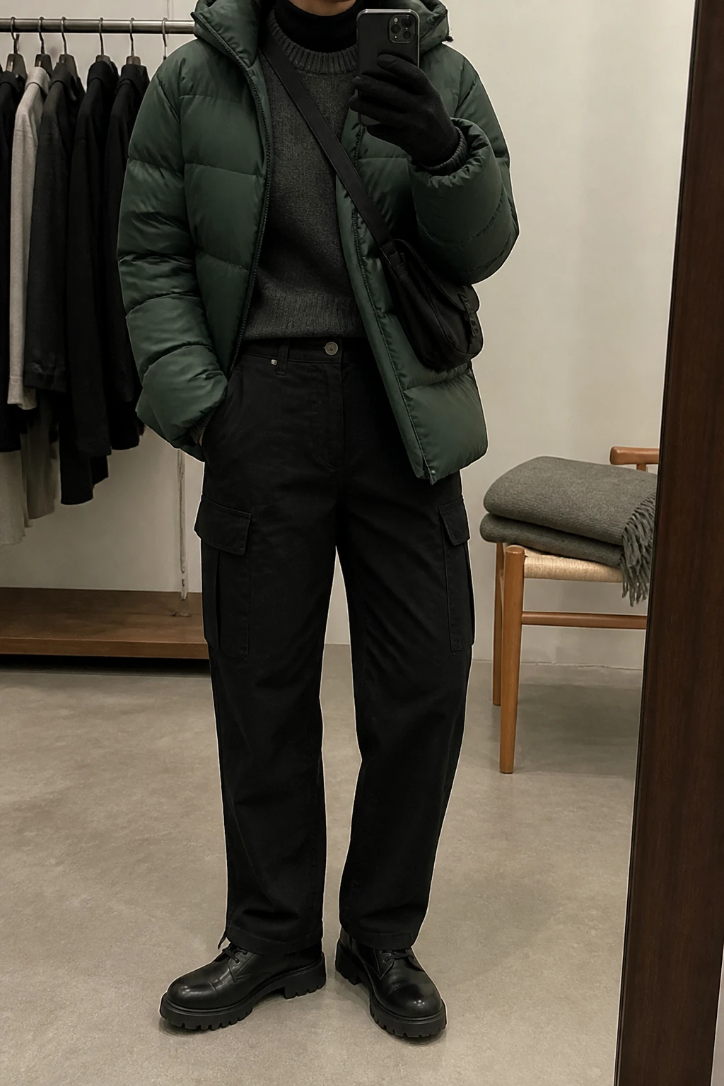 Image Prompt: Mirror selfie of a woman wearing a forest green heavyweight insulated hooded puffer jacket over a black fitted thermal mock-neck top and a charcoal grey chunky wool crewneck sweater, black high-waisted relaxed straight-leg fleece-lined cargo trousers, black waterproof insulated chunky lace-up winter boots with thick rubber soles, a charcoal grey ribbed knit beanie, black insulated gloves, and a small black nylon crossbody bag, holding a phone in front of a mirror, cropped at the NECK so the face does not show, with a relaxed casual selfie pose, in a minimal dressing room, soft indoor lighting, a clothing rack with garments behind and a folded blanket on a chair, realistic forest green quilted fabric, natural grey wool knit texture and practical black cargo trouser folds, latest iPhone photo quality, no additional clothing or accessories.