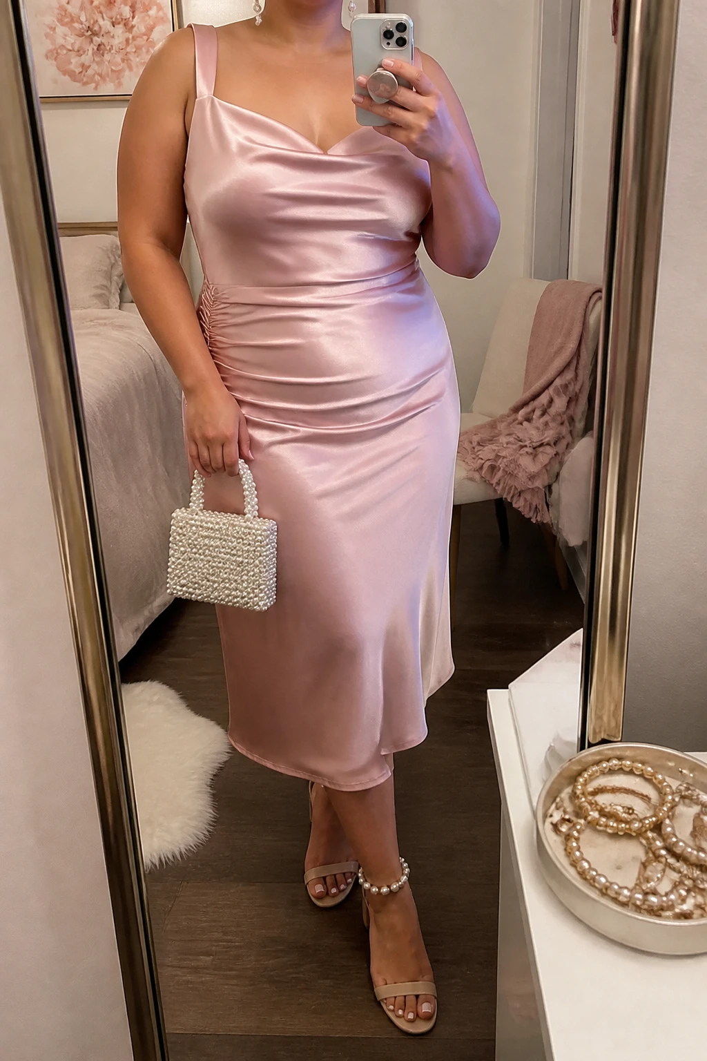 Mirror selfie of a plus size woman wearing a blush pink satin midi dress with wide supportive straps, a softly draped neckline, and gentle ruching at one side of the waist, nude block heels with pearl-trimmed ankle straps, a pearl-covered mini handbag, and pearl drop earrings, clearly showing the exact dress shape, blush satin, ruching, footwear, and accessories listed, holding a phone in front of a mirror, cropped at the neck so the face does not appear, relaxed feminine selfie stance, in a cozy bedroom mirror setup with soft indoor lighting, a jewelry tray on the vanity and a folded blanket on a chair, realistic graduation photo outfit, latest iPhone photo quality.