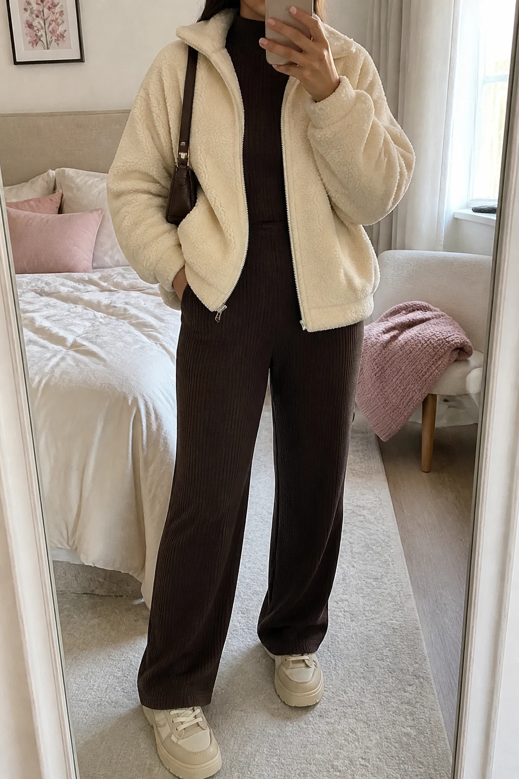Image Prompt: Mirror selfie of a woman wearing a cream oversized teddy-fleece zip-front jacket over a chocolate brown fitted ribbed mock-neck sweater, matching chocolate brown high-waisted straight-leg ribbed knit trousers, beige chunky leather sneakers with cream rubber soles, and a small dark brown leather shoulder bag, holding a phone in front of a mirror, cropped at the NECK so the face does not show, with a relaxed casual selfie pose, in a feminine-themed bedroom, soft natural window light, soft pillows on an unmade bed and a folded blanket on a chair, realistic cream teddy-fleece texture, natural chocolate ribbed knit fabric and relaxed everyday proportions, latest iPhone photo quality, no additional clothing or accessories.