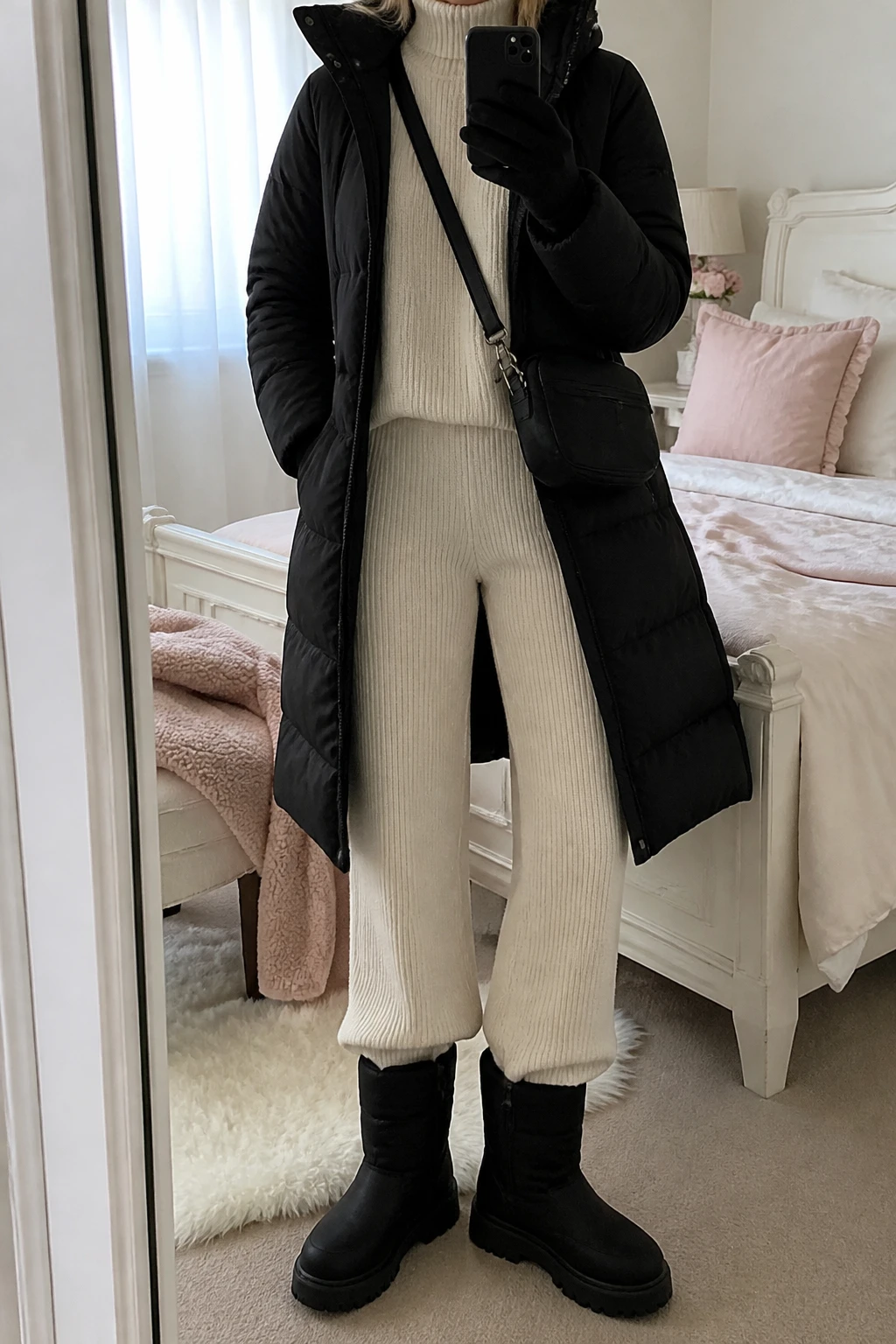 Image Prompt: Mirror selfie of a woman wearing a long black insulated hooded winter coat over an ivory oversized thick ribbed mock-neck sweater, matching ivory high-waisted straight-leg thick ribbed knit trousers with thin thermal leggings underneath, black waterproof insulated mid-calf winter boots with chunky flat rubber lug soles, a black ribbed knit beanie, black fleece-lined gloves, and a small black nylon crossbody bag, holding a phone in front of a mirror, cropped at the NECK so the face does not show, with a relaxed casual selfie pose, in a feminine-themed bedroom, soft natural window light, soft pillows on an unmade bed and a folded blanket on a chair, realistic black insulated coat texture, natural matching ivory knit fabric folds and winter styling, latest iPhone photo quality, no additional clothing or accessories.