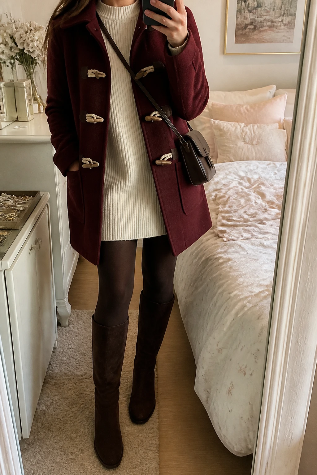 Image Prompt: Mirror selfie of a woman wearing a burgundy wool-blend duffle coat with wooden toggle closures over a cream long-sleeve chunky ribbed knit mini dress with a high neckline and relaxed straight shape, dark brown opaque fleece-lined tights, chocolate brown suede knee-high flat boots, and a small dark brown leather crossbody bag, holding a phone in front of a mirror, cropped at the NECK so the face does not show, with a relaxed casual selfie pose, in a feminine-themed bedroom, warm soft indoor lighting, soft pillows on an unmade bed and a jewelry tray on the vanity, realistic burgundy wool texture, natural cream knit dress folds, warm tights and soft suede finish, latest iPhone photo quality, no additional clothing or accessories.