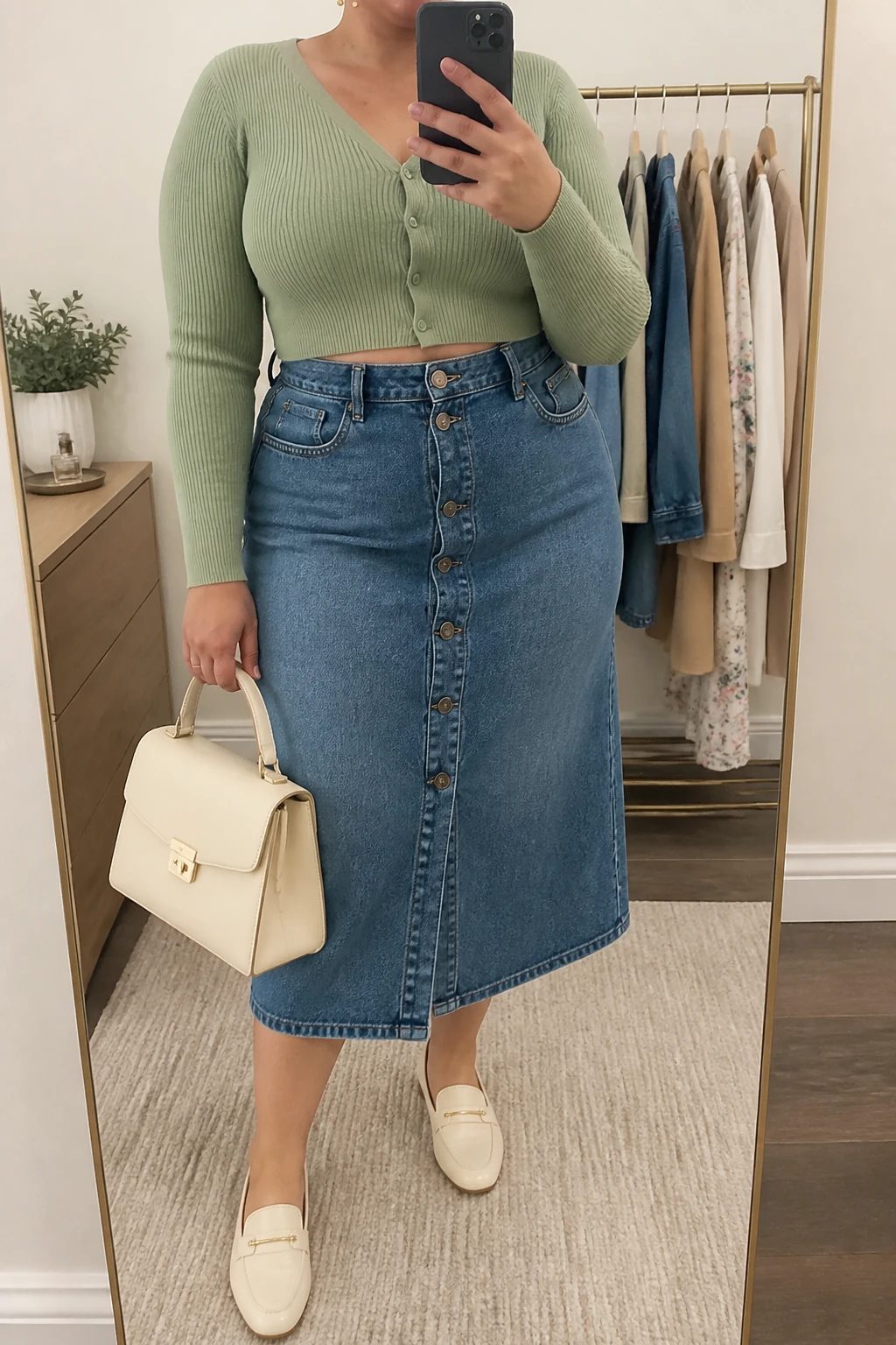 Mirror selfie of a plus size woman wearing a medium-wash high-waisted button-front denim midi skirt, a fitted sage green cropped cardigan buttoned at the front, cream leather loafers, a structured cream top-handle bag, and delicate gold stud earrings, clearly showing the exact clothing items, denim wash, front buttons, sage knit, footwear, and accessories listed, holding a phone in front of a mirror, cropped at the neck so the face does not appear, relaxed feminine selfie stance, in a minimal dressing room with soft indoor lighting, a clothing rack with garments behind her and a small plant on a dresser, realistic spring styling, latest iPhone photo quality.