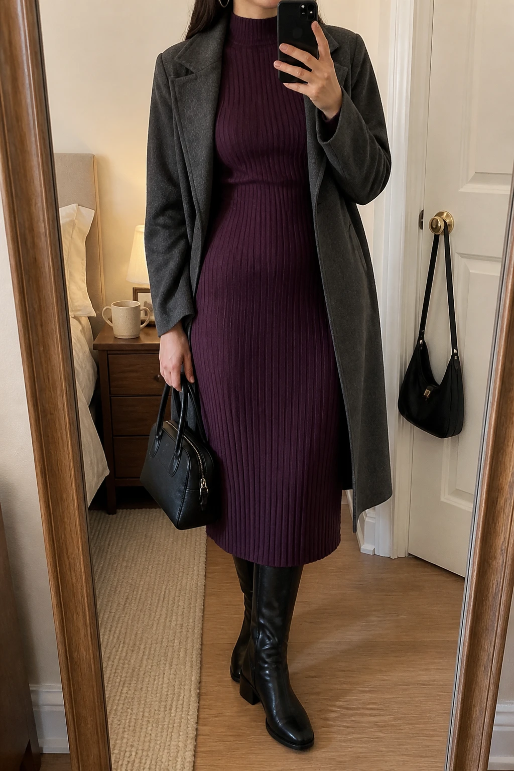 Image Prompt: Mirror selfie of a woman wearing a deep plum long-sleeve ribbed knit midi dress with a fitted waist and high neckline, black leather knee-high boots with low block heels, a long charcoal grey wool wrap coat worn open, a small black structured leather handbag, and silver hoop earrings, holding a phone in front of a mirror, cropped at the NECK so the face does not show, with a relaxed casual selfie pose, in a cozy bedroom mirror setup, warm soft indoor lighting, a coffee mug on a bedside table and a handbag hanging on a door handle, realistic plum knit texture, natural charcoal wool folds and comfortable winter styling, latest iPhone photo quality, no additional clothing or accessories.
