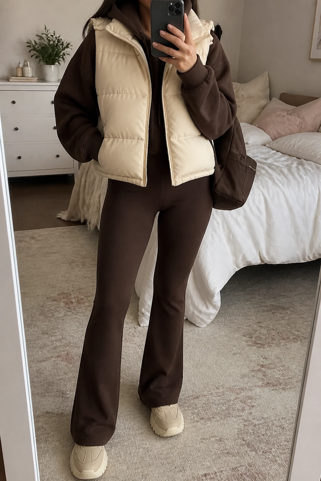Image Prompt: Mirror selfie of a woman wearing a cream insulated quilted puffer vest over a chocolate brown oversized fleece-lined hoodie, matching chocolate brown high-waisted fleece-lined flared leggings, beige chunky leather sneakers with cream soles, and a medium dark brown nylon backpack with a front zipper pocket, holding a phone in front of a mirror, cropped at the NECK so the face does not show, with a relaxed casual selfie pose, in a feminine-themed bedroom, soft natural window light, soft pillows on an unmade bed and a small plant on a dresser, realistic cream quilted texture, natural chocolate fleece fabric and relaxed everyday proportions, latest iPhone photo quality, no additional clothing or accessories.