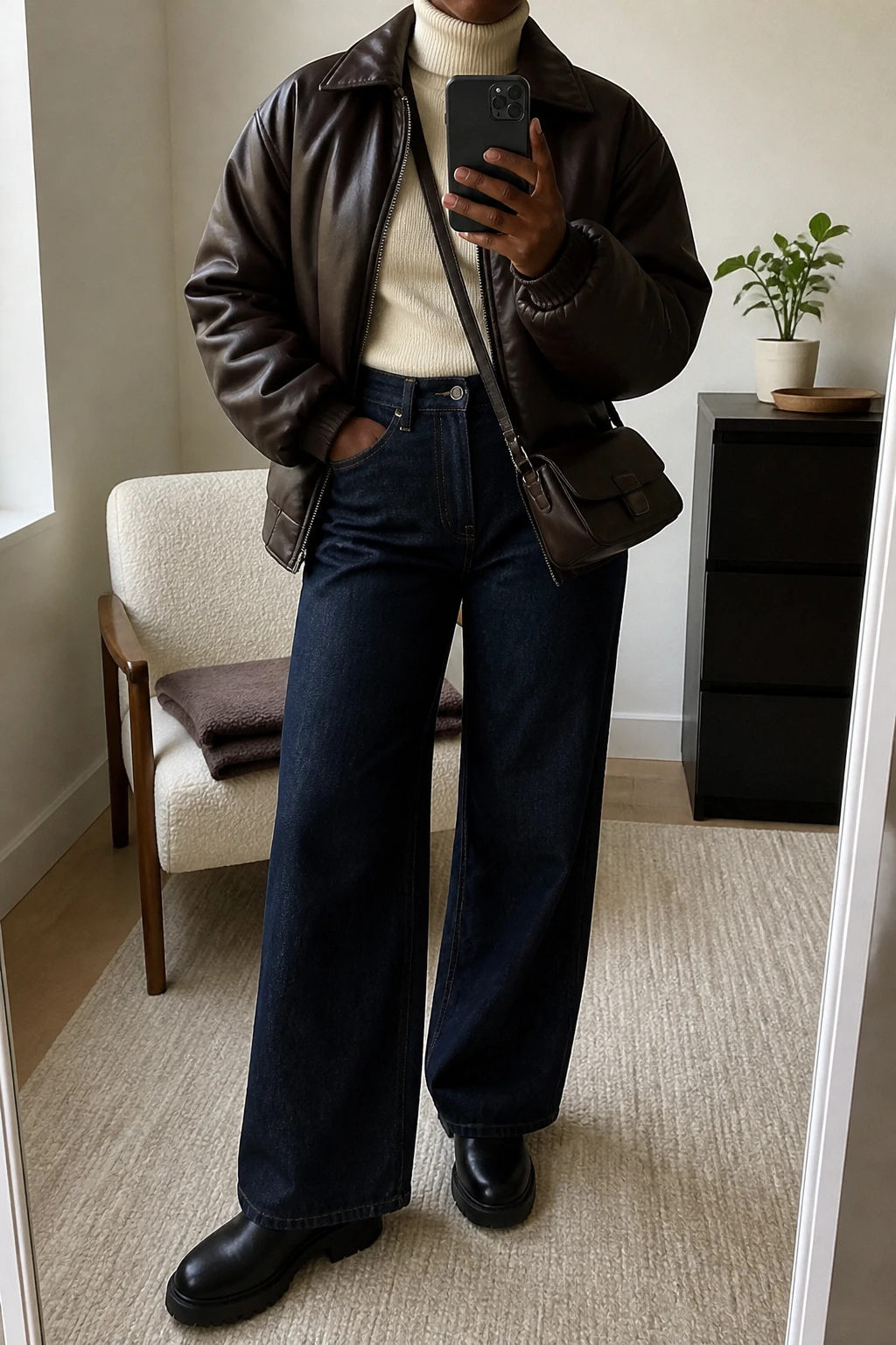 Image Prompt: Mirror selfie of a black woman wearing an oversized chocolate brown padded faux-leather bomber jacket over an ivory fitted cashmere turtleneck sweater, dark indigo high-waisted wide-leg denim jeans, black leather chunky flat Chelsea boots with rubber soles, and a small dark brown leather crossbody bag, holding a phone in front of a mirror, cropped at the NECK so the face does not show, with a relaxed casual selfie pose, in a minimal dressing room, soft natural window light, a folded blanket on a chair and a small plant on a dresser, realistic chocolate faux-leather grain, natural ivory cashmere texture and dark denim folds, latest iPhone photo quality, no additional clothing or accessories.