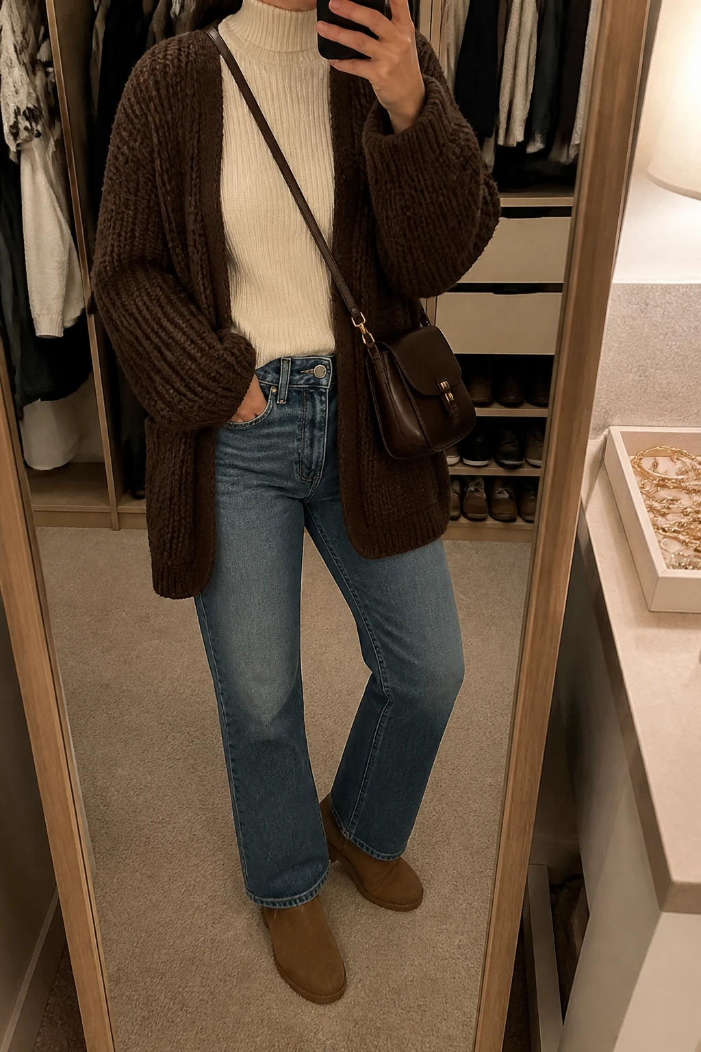 Image Prompt: Mirror selfie of a woman wearing a chocolate brown oversized chunky-knit cardigan over an ivory fitted ribbed turtleneck sweater, medium-wash blue straight-leg jeans, tan suede flat ankle boots, and a small dark brown leather crossbody bag, holding a phone in front of a mirror, cropped at the NECK so the face does not show, with a relaxed casual selfie pose, in a walk-in closet mirror, warm soft indoor lighting, an open closet with clothes visible and a jewelry tray on the vanity, realistic cardigan stitches, soft sweater texture and natural denim folds, latest iPhone photo quality, no additional clothing or accessories.